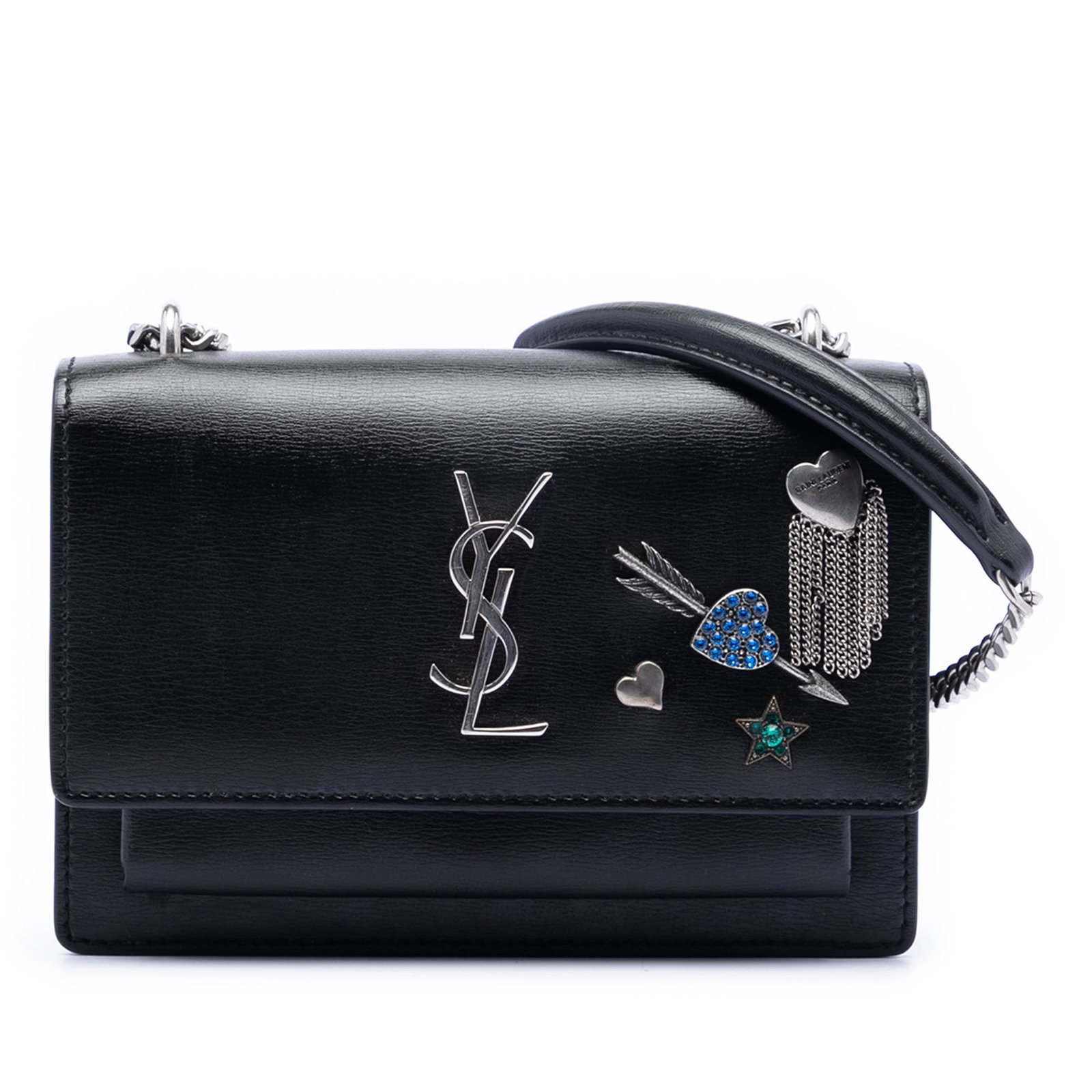 Saint Laurent Black Leather Sunset Chain Wallet With Lucky Charms: Saint Laurent Black Leather Sunset Chain Wallet With Lucky Charms This Saint Laurent Mini Calfskin Monogram Lucky Charms Sunset Wallet on Chain features a leather body with charm embellishments, a cha