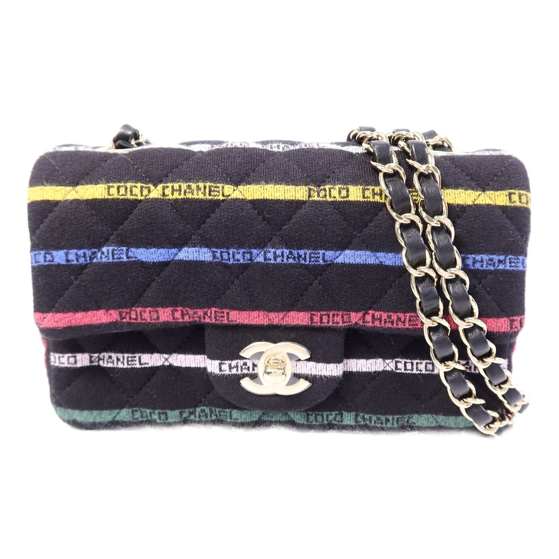 CHANEL Cotton Mini Stripe Shoulder Bag CC GHW Multicolor: CHANEL Cotton Mini Stripe Shoulder Bag CC GHW Multicolor This CHANEL shoulder bag features a multicolor jersey design with the iconic CC logo and gold-tone chain detailing. Crafted from cotton, the ba
