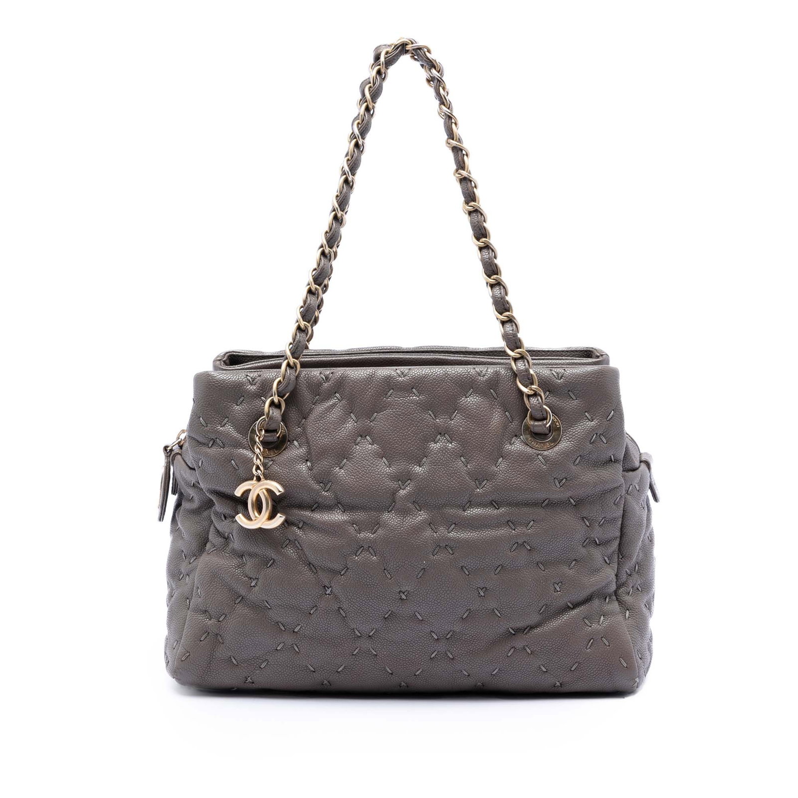 Brown Caviar Leather Tote with Wild Stitch and Chain Straps by Chanel: Brown Caviar Leather Tote with Wild Stitch and Chain Straps by Chanel This Chanel CC Caviar Wild Stitch Tote is crafted from durable caviar leather in brown with gold-tone leather-woven chain link str