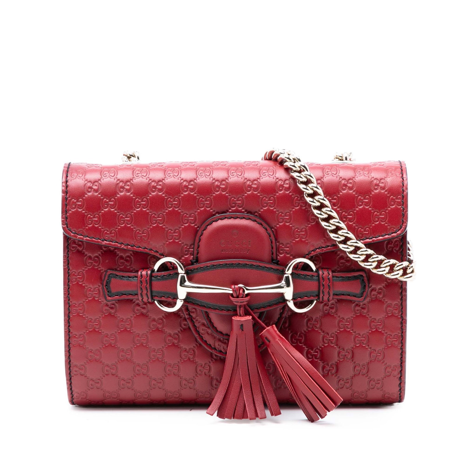 Red Gucci Mini Microguccissima Emily Leather Chain Crossbody Bag: Red Gucci Mini Microguccissima Emily Leather Chain Crossbody Bag This Gucci Mini Microguccissima Emily Crossbody features an embossed leather body in red, a chain link shoulder strap, a front flap wit