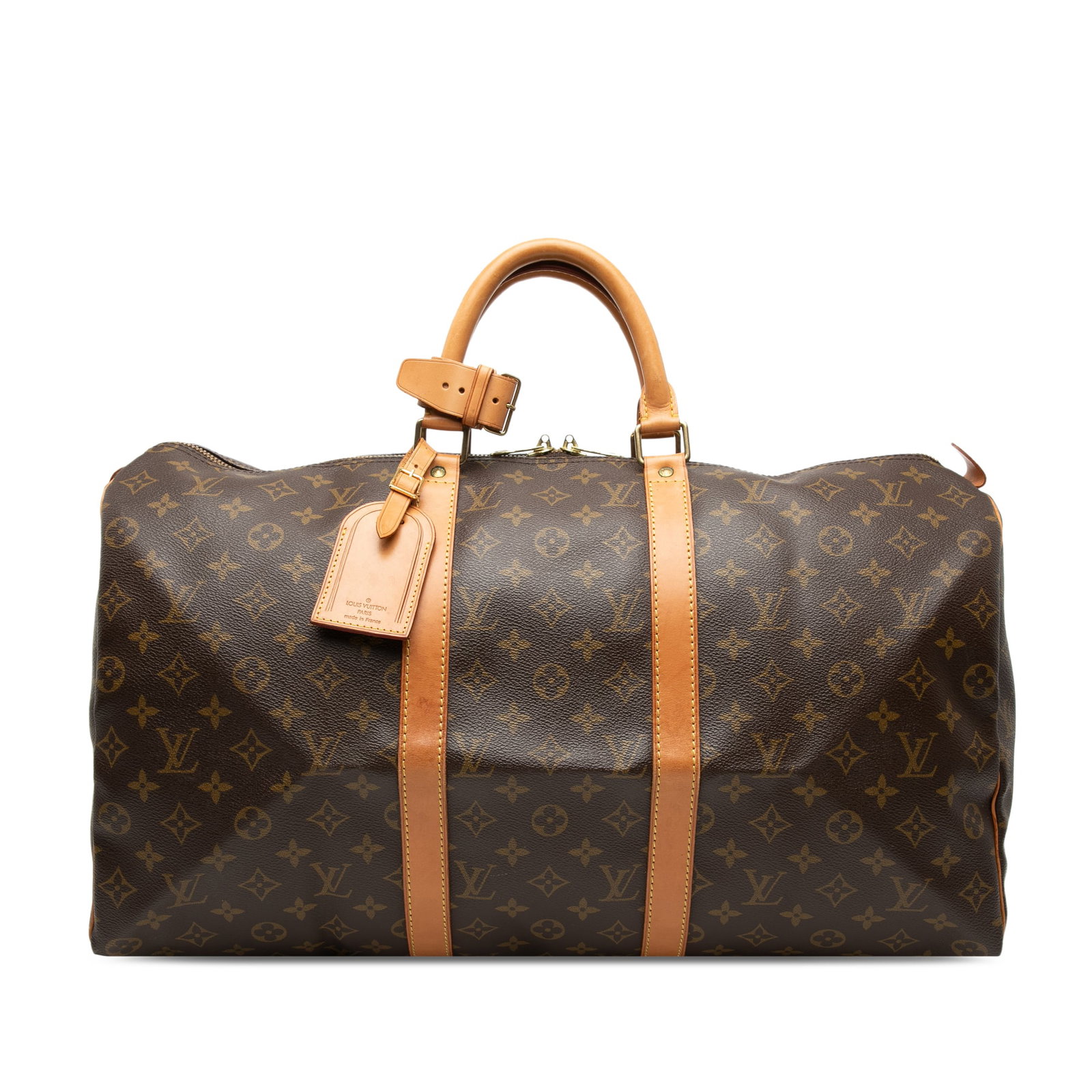 Louis Vuitton Keepall 50 Brown Monogram Canvas Travel Bag with Leather Trim: Louis Vuitton Keepall 50 Brown Monogram Canvas Travel Bag with Leather Trim This Louis Vuitton Monogram Keepall 50 travel bag features a signature monogram canvas body complemented by vachetta leather