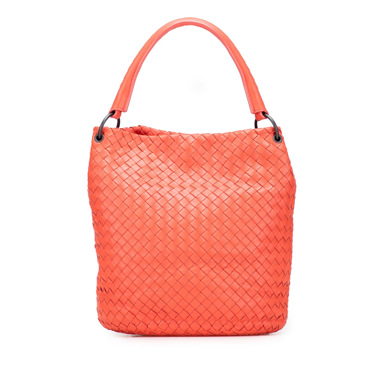 Bottega Veneta Nappa Intrecciato Orange Bucket Bag with Dust Bag: Bottega Veneta Nappa Intrecciato Orange Bucket Bag with Dust Bag Elevate your style with the Bottega Veneta Nappa Intrecciato Bucket Bag, crafted from luxurious nappa leather. This eye-catching orange