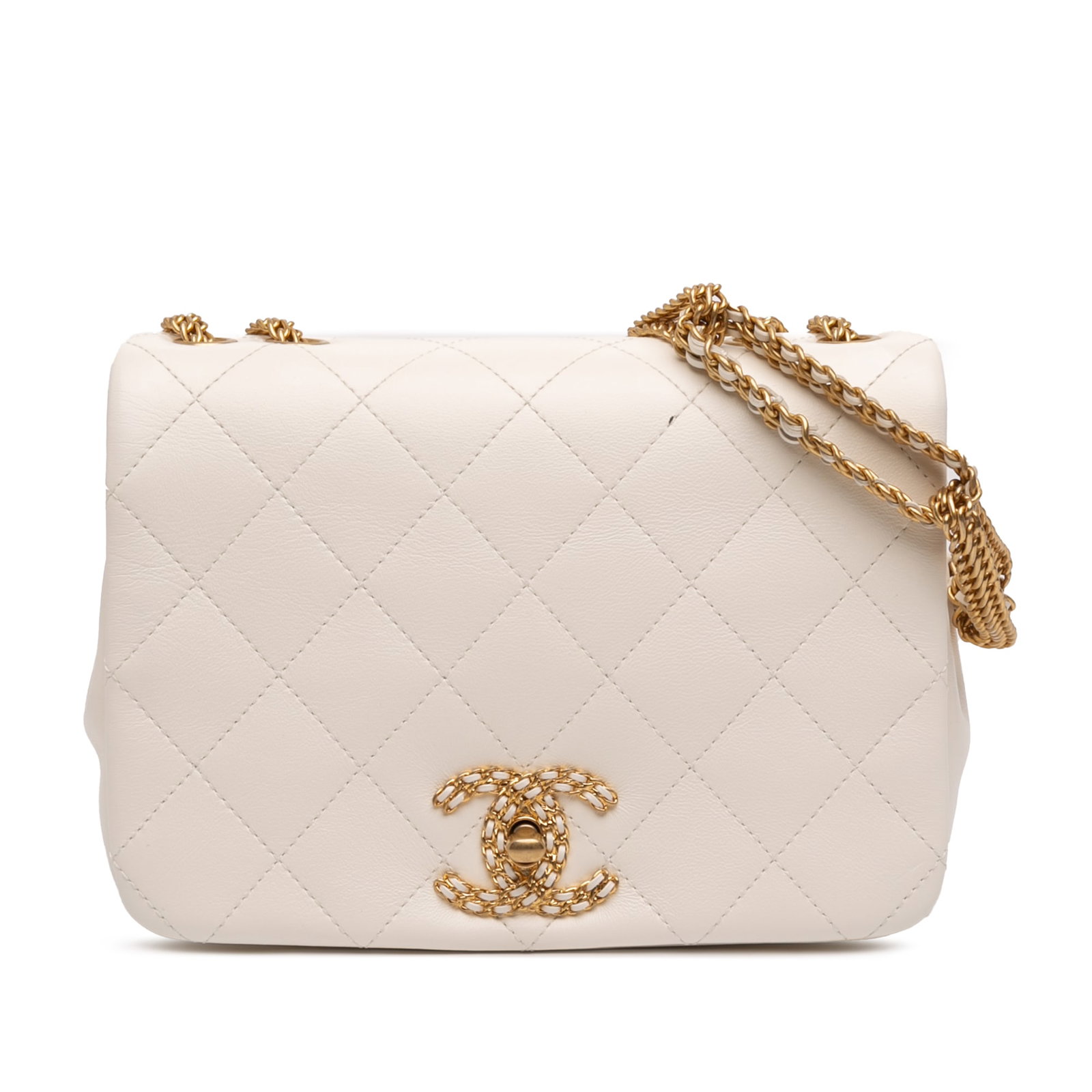 Chanel On And On Small White Quilted Lambskin Chain Shoulder Bag: Chanel On And On Small White Quilted Lambskin Chain Shoulder Bag This Chanel Small Quilted Lambskin On And On Chain Flap shoulder bag showcases a white quilted lambskin leather body with a chain-link 