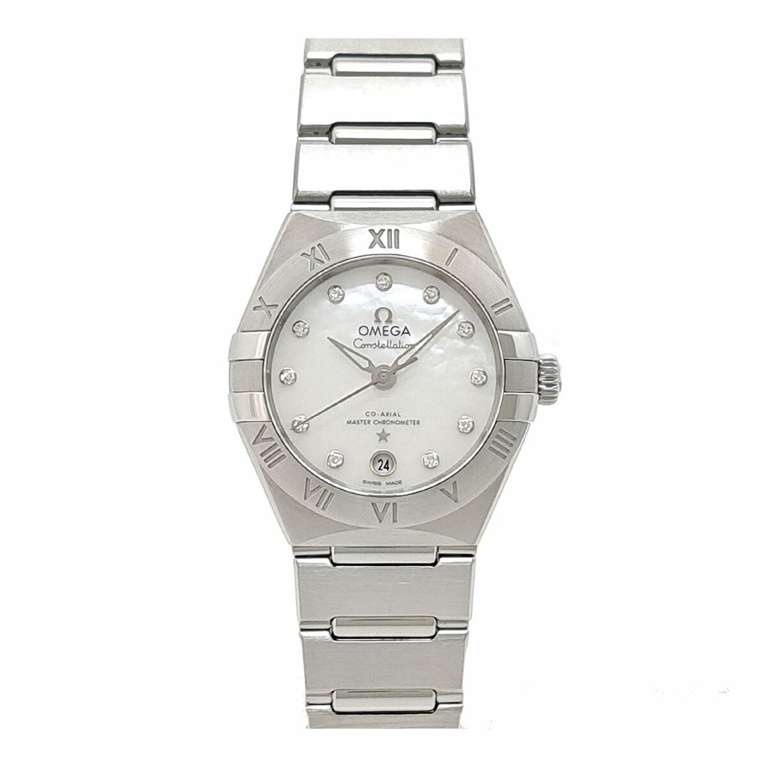 Omega Constellation Ladies Automatic 29mm Mother of Pearl 11 Diamonds: Omega Constellation Ladies Automatic 29mm Mother of Pearl 11 Diamonds This Omega Constellation wristwatch for women features a stainless steel case and band, with a 29mm case size and a wrist circumfe