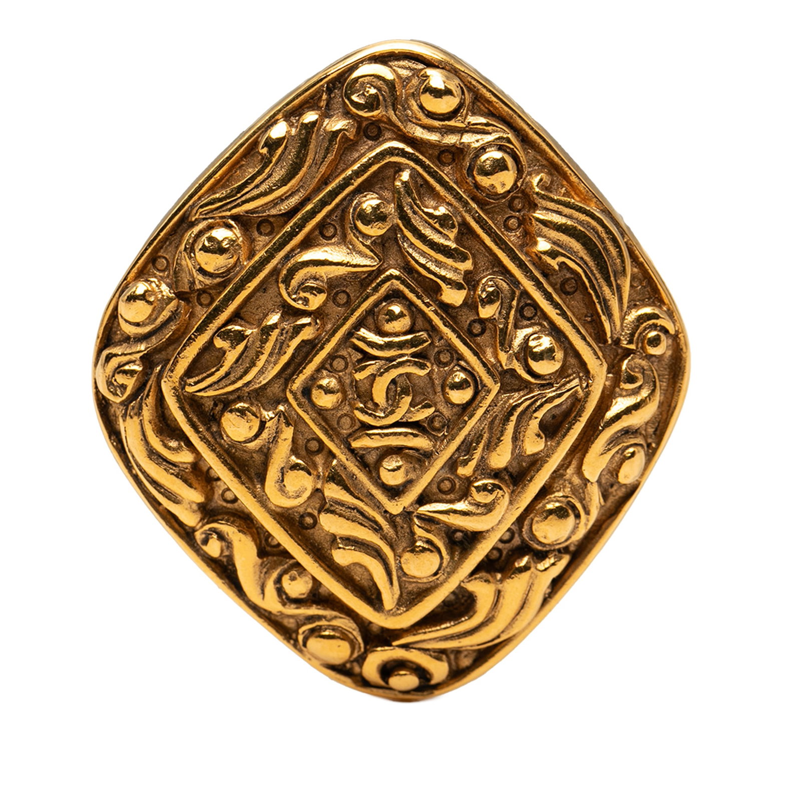 Byzantine Style Gold Plated Brooch with CC Motif and Diamond Accents: Byzantine Style Gold Plated Brooch with CC Motif and Diamond Accents This Chanel brooch features a gold-plated metal body adorned with a CC motif in a Byzantine-inspired design. It is equipped with a 