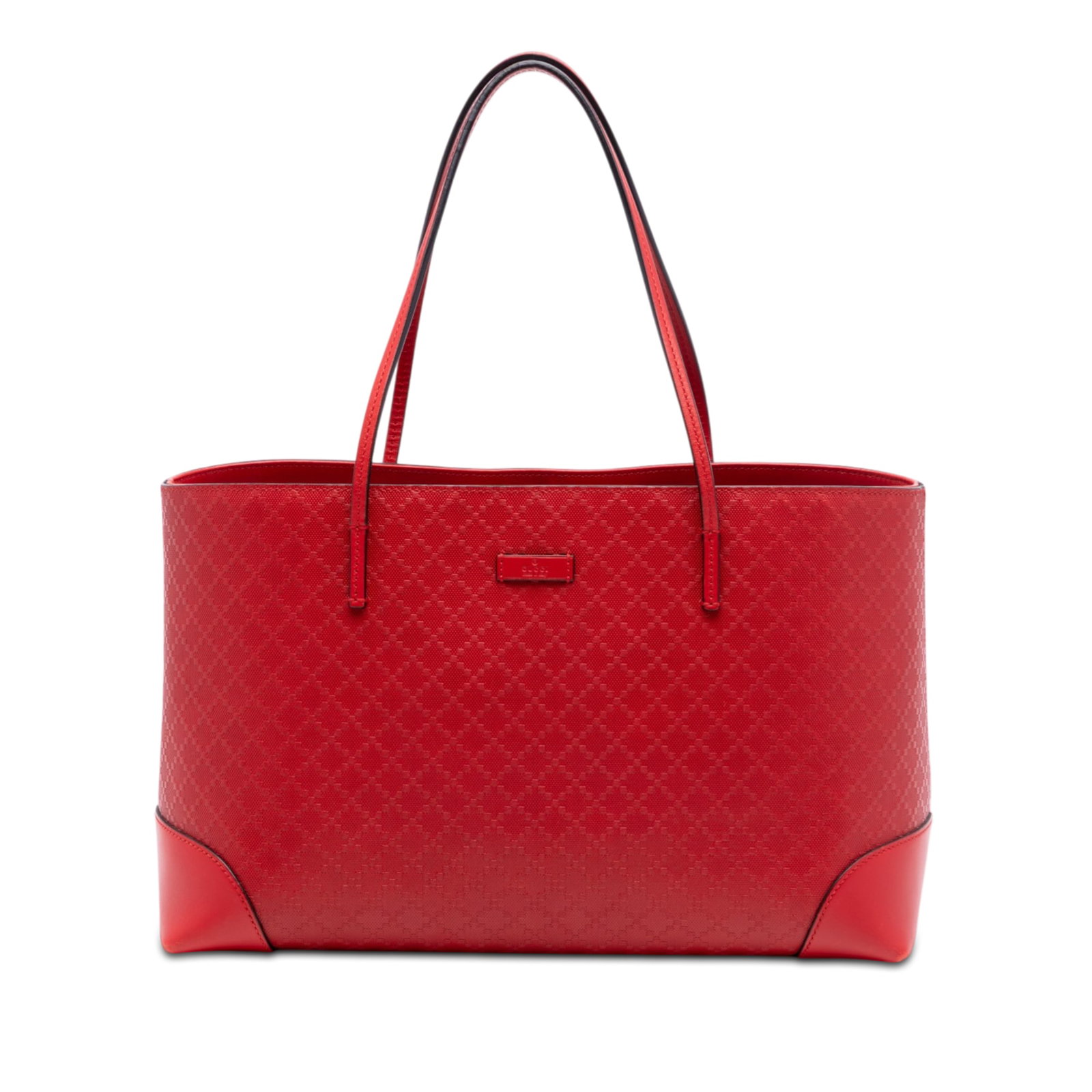 Gucci Bright Hilary Lux Diamante Red Leather Tote Bag: Gucci Bright Hilary Lux Diamante Red Leather Tote Bag This Gucci Leather Diamante Bright Hilary Lux Tote features a red leather body with the signature Diamante pattern, flat leather straps, an open t