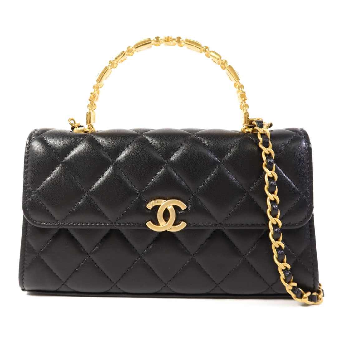 Black Lambskin CHANEL CC Chain Shoulder Bag GHW: Black Lambskin CHANEL CC Chain Shoulder Bag GHW This CHANEL shoulder bag features luxurious black lambskin leather and gold-tone chain detailing. Designed for women, it offers a compact silhouette wit