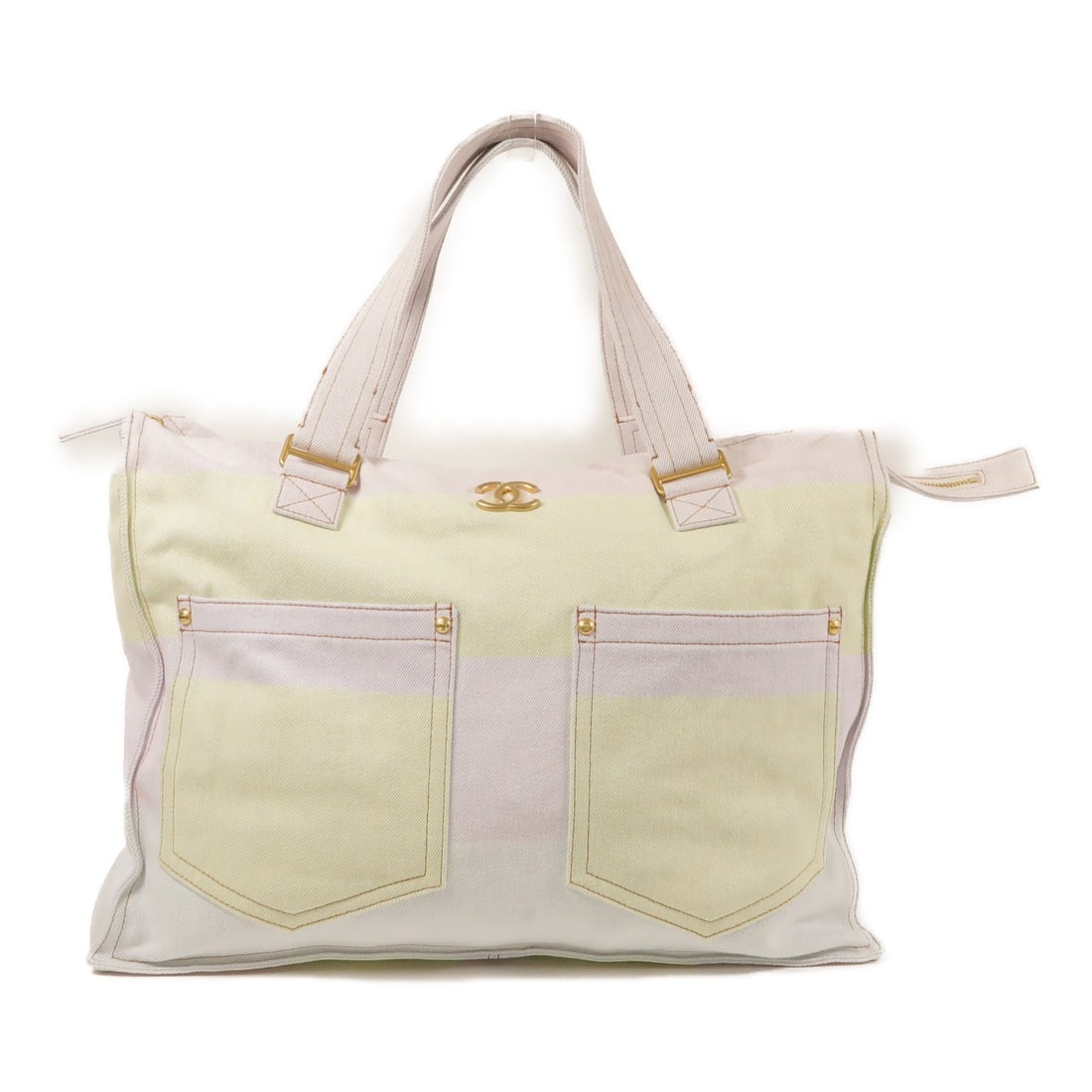 CHANEL Canvas Pink Yellow Tote Bag GHW: CHANEL Canvas Pink Yellow Tote Bag GHW This CHANEL tote bag features a stylish pink and yellow canvas exterior, offering a vibrant and contemporary look. Designed for women, the bag is crafted in Fran