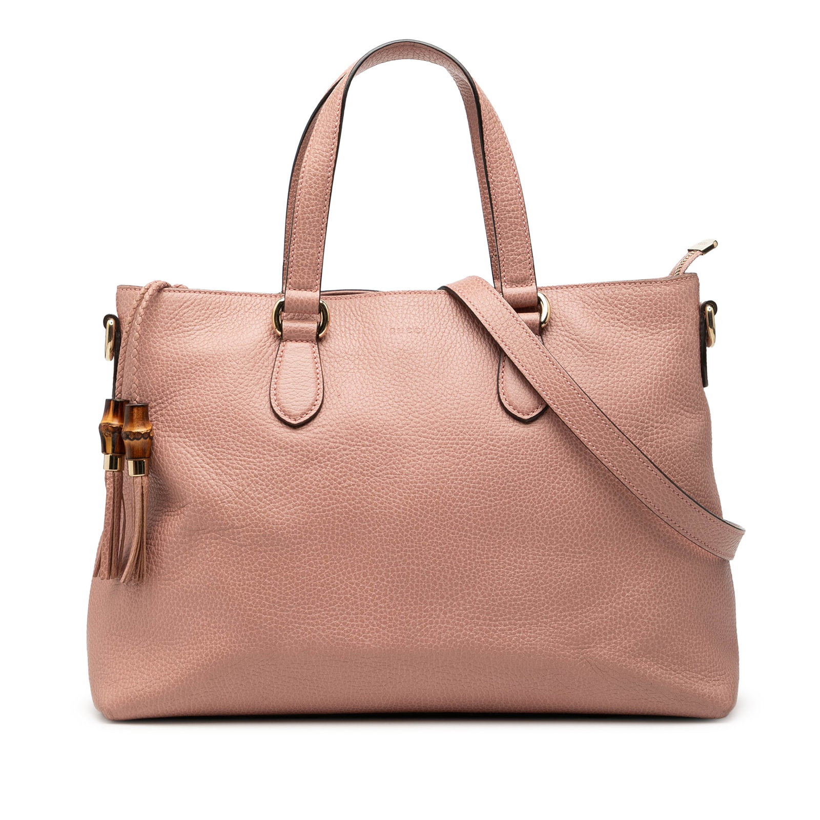 Pink Bamboo Tassel Leather Satchel by Gucci with Detachable Strap: Pink Bamboo Tassel Leather Satchel by Gucci with Detachable Strap This Gucci Leather Bamboo Tassel Satchel features a pink leather body, flat leather handles, a detachable flat strap, and a top zip cl