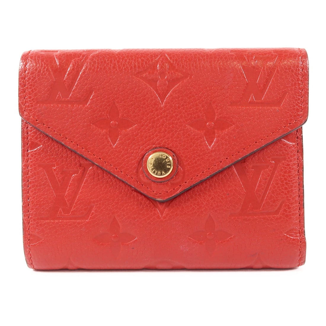 Louis Vuitton Victorine Red Tri-fold Wallet Calfskin GHW: Louis Vuitton Victorine Red Tri-fold Wallet Calfskin GHW This LOUIS VUITTON Victorine Tri-fold Wallet features a luxurious red calfskin exterior, showcasing the iconic Monogram Empreinte pattern. Desi