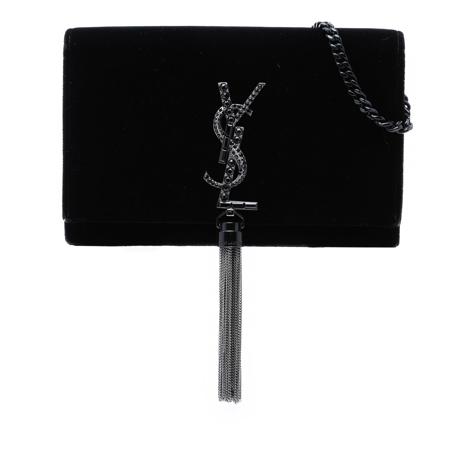 Black Velvet Kate Wallet on Chain with Crystal Tassel by Saint Laurent: Black Velvet Kate Wallet on Chain with Crystal Tassel by Saint Laurent This Saint Laurent Kate Wallet on Chain features a luxurious black velvet exterior with a crystal-embellished monogram detail and