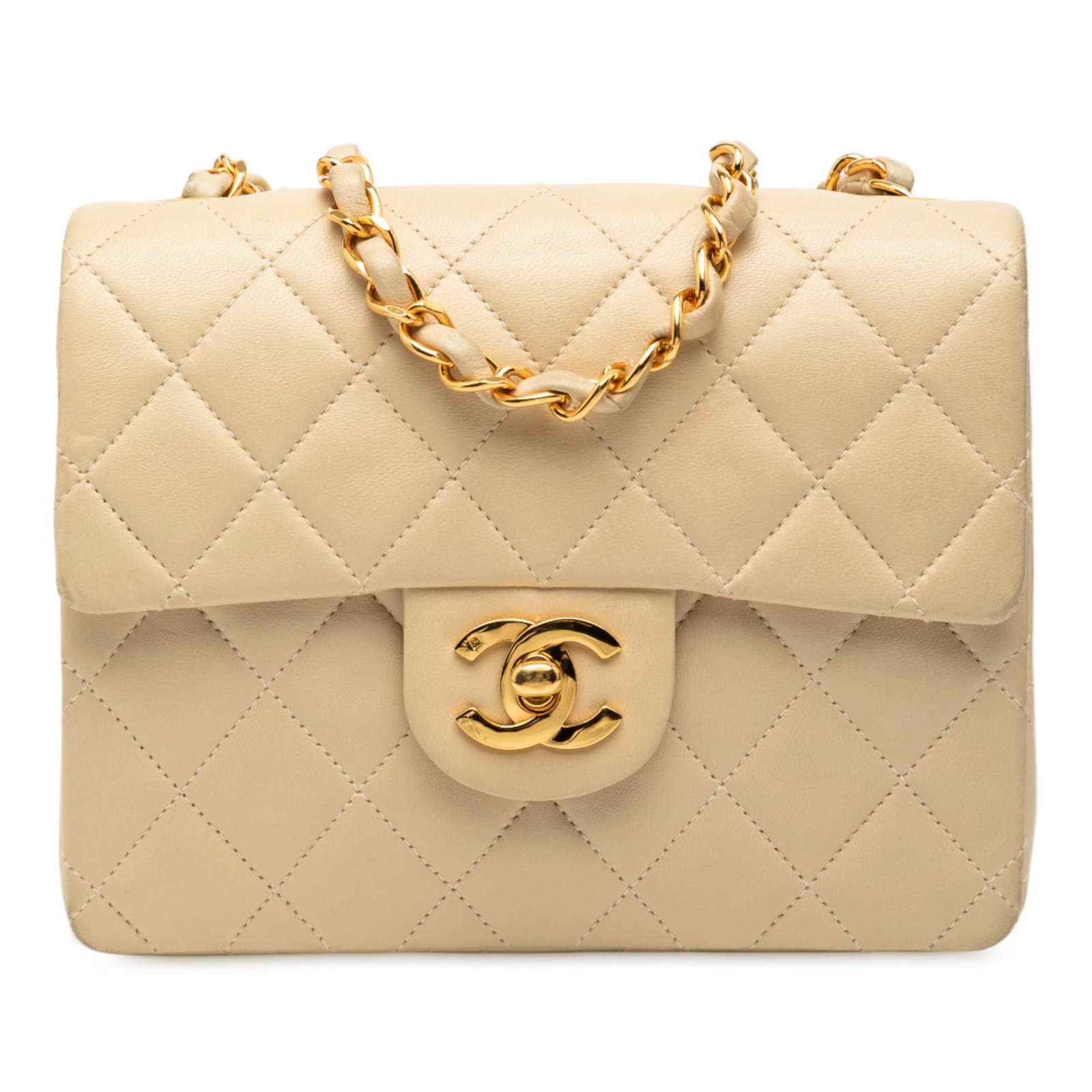 Chanel Mini Square Classic Brown Quilted Lambskin Shoulder Bag: Chanel Mini Square Classic Brown Quilted Lambskin Shoulder Bag This Chanel Mini Square Classic Single Flap bag is crafted from quilted lambskin leather in a brown hue, featuring a leather-woven chain 
