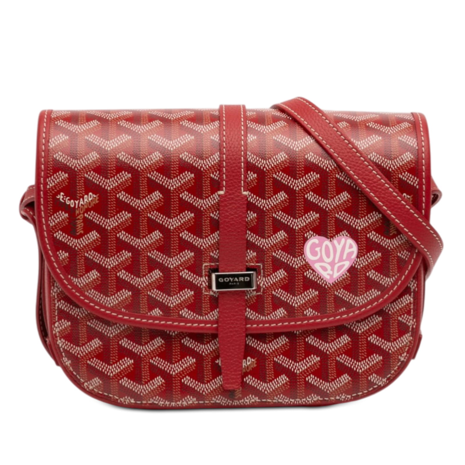 Goyard Belvedere II PM Red Coated Canvas Shoulder Bag: Goyard Belvedere II PM Red Coated Canvas Shoulder Bag The Goyardine Coeur Goyard Belvedere II PM features a coated canvas body with leather trim, an adjustable flat leather strap, a front flap with sl