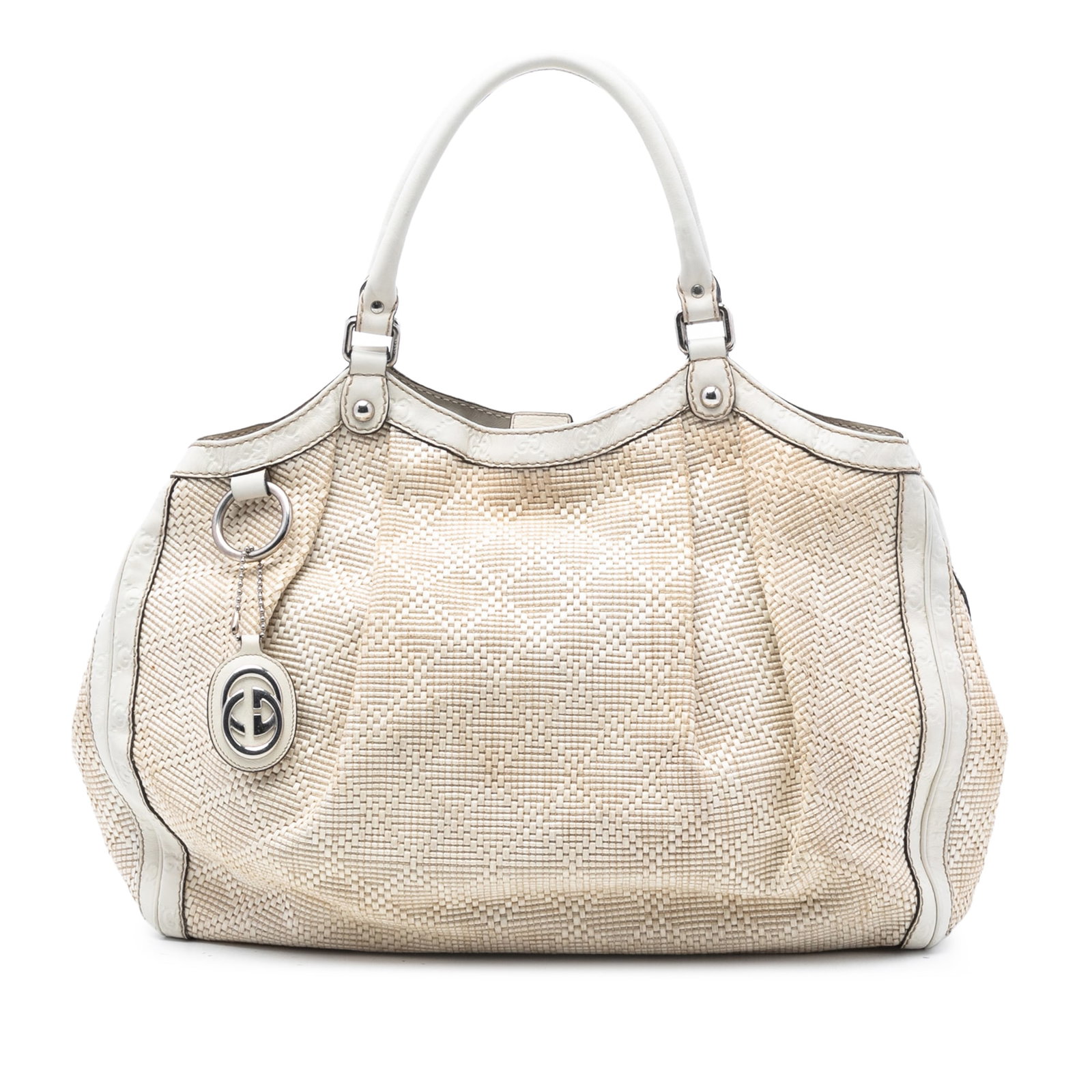 Gucci Sukey Tote Large Diamante Raffia with Leather Trim: Gucci Sukey Tote Large Diamante Raffia with Leather Trim This Gucci Large Diamante Raffia Sukey Tote features a raffia body with leather trim, rolled leather handles, an open top with magnetic snap cl