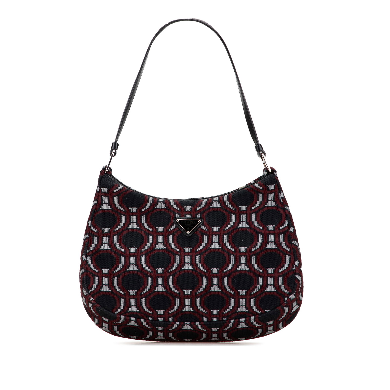 Prada Black Jacquard Knit Cleo Shoulder Bag Italy: Prada Black Jacquard Knit Cleo Shoulder Bag Italy Elevate your accessory collection with the Prada Jacquard Knit Cleo Shoulder Bag. This stylish bag showcases a jacquard knit body complemented by eleg