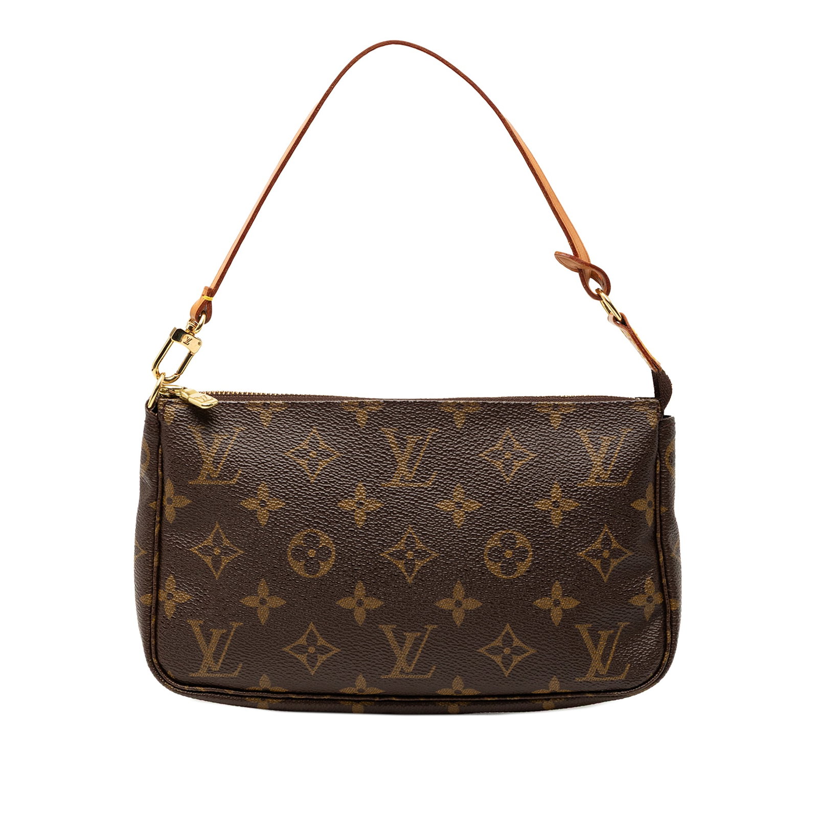 Louis Vuitton Monogram Canvas Pochette Accessoires Handbag with Leather Handle: Louis Vuitton Monogram Canvas Pochette Accessoires Handbag with Leather Handle This Louis Vuitton Monogram Pochette Accessoires features the signature monogram canvas body, a flat vachetta leather han