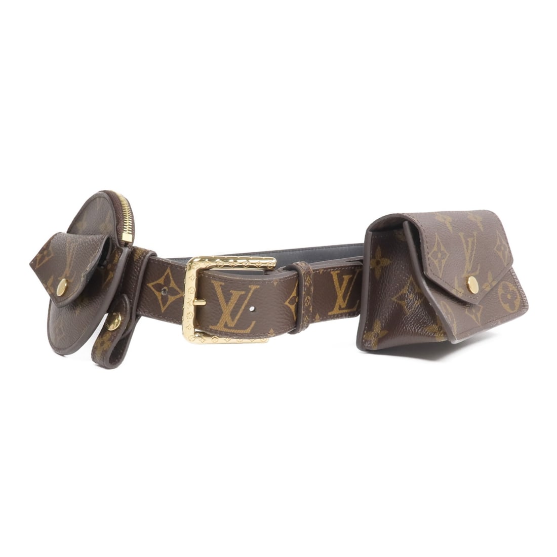 Louis Vuitton Monogram Multi Pocket Belt with Gold Hardware M0236: Louis Vuitton Monogram Multi Pocket Belt with Gold Hardware M0236 This Louis Vuitton Ceinture Daily Multi Pocket Belt Waist Bag features the iconic monogram pattern and is crafted from brown PVC coate