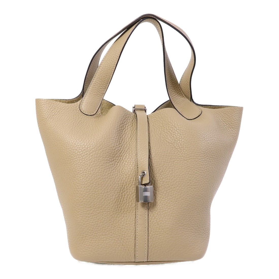 Hermes Picotin MM Clemence Leather Beige Bucket Handbag: Hermes Picotin MM Clemence Leather Beige Bucket Handbag This Hermes Picotin MM is a sophisticated bucket tote bag crafted from Clemence calfskin leather in a versatile beige shade. Featuring a structu