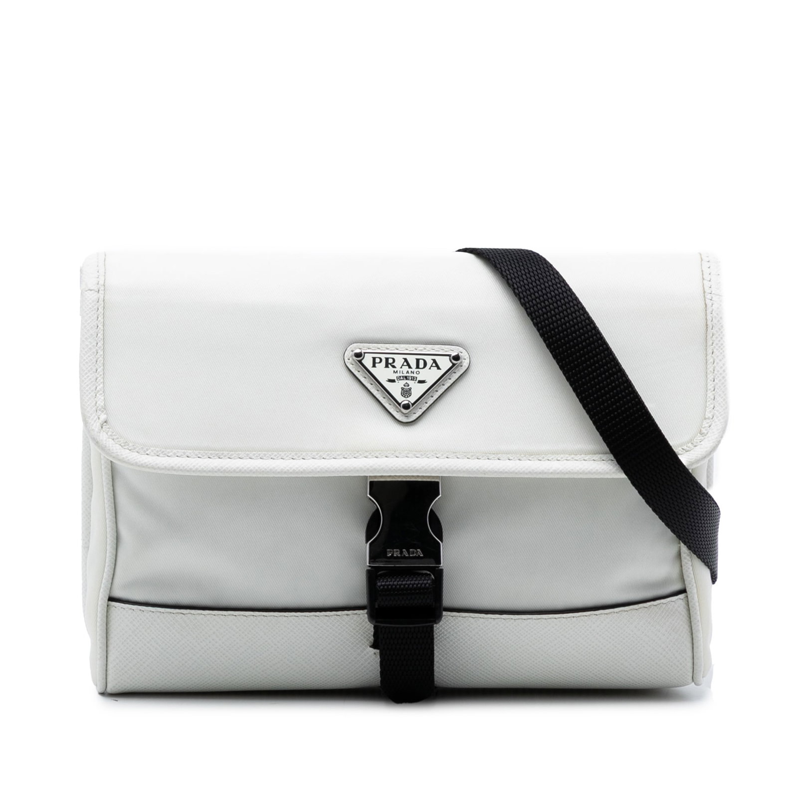 White Re Nylon Crossbody Smartphone Bag with Saffiano Leather Trim by Prada: White Re Nylon Crossbody Smartphone Bag with Saffiano Leather Trim by Prada This Prada crossbody bag is crafted from white nylon with saffiano leather trim and features a flat shoulder strap, a front 