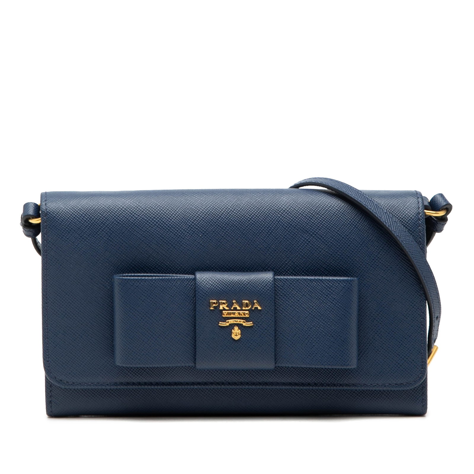 Blue Saffiano Leather Bow Crossbody Wallet by Prada with Detachable Strap: Blue Saffiano Leather Bow Crossbody Wallet by Prada with Detachable Strap This Prada Saffiano Lux Bow Wallet On Strap features a blue saffiano leather body, a detachable flat strap, a front flap with 