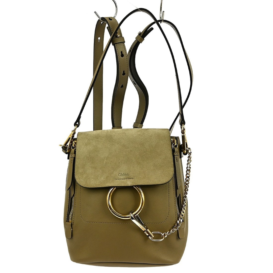 Chloe Faye Medium Beige Suede Leather Backpack with Gold Hardware: Chloe Faye Medium Beige Suede Leather Backpack with Gold Hardware This Chloe Faye backpack is crafted from beige leather nubuck suede and features gold-tone hardware, a magnetic closure, and a logo ac