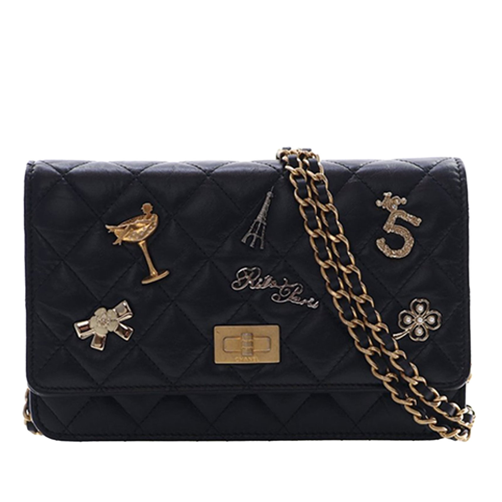 Chanel Reissue 2.55 Lucky Charms Black Quilted Wallet On Chain Crossbody: Chanel Reissue 2.55 Lucky Charms Black Quilted Wallet On Chain Crossbody This Chanel crossbody bag features a quilted aged calfskin leather body adorned with decorative lucky charms. It includes a lea