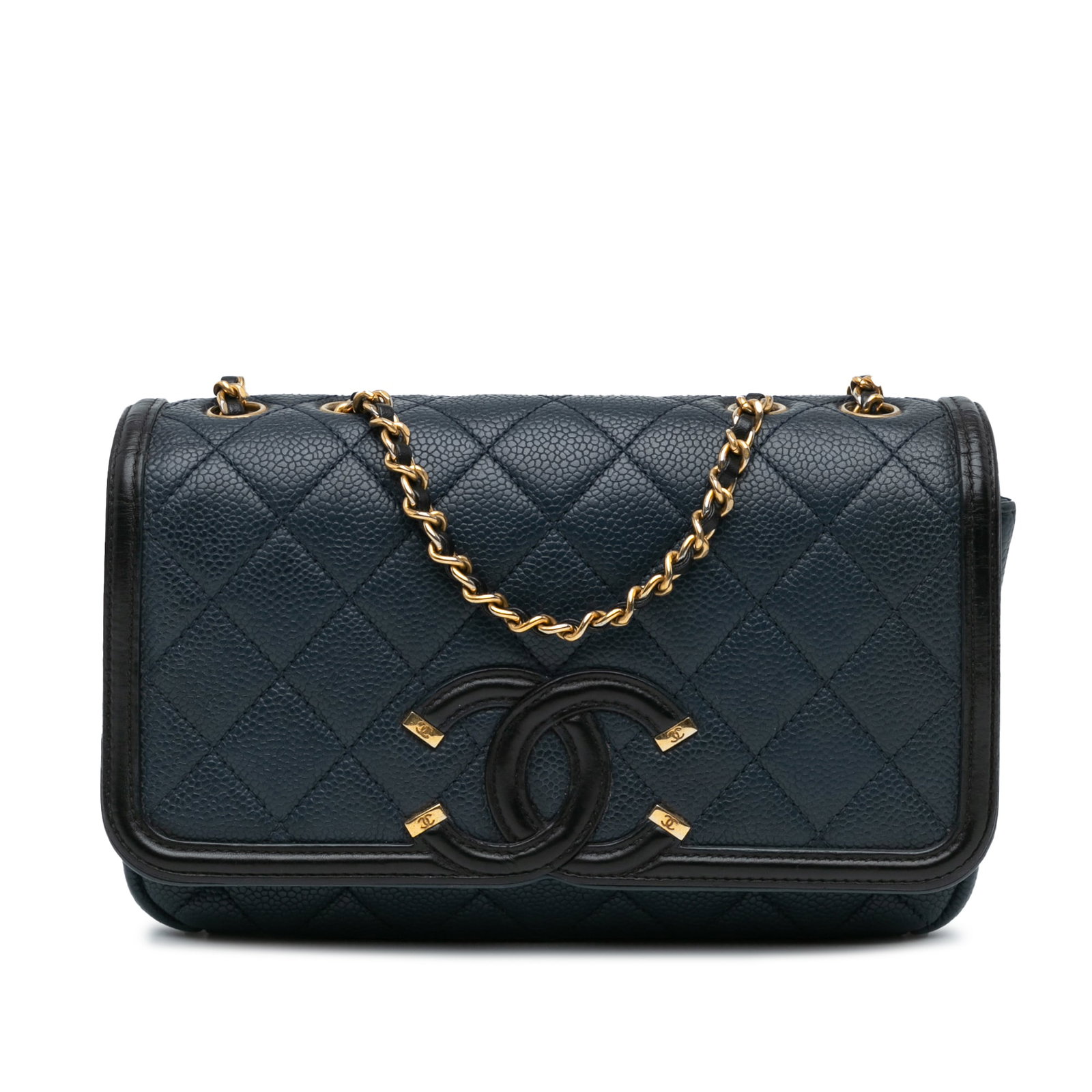 Chanel Small Bicolor Caviar CC Filigree Flap Bag Italy Blue Leather: Chanel Small Bicolor Caviar CC Filigree Flap Bag Italy Blue Leather Introducing the Chanel Small Bicolor Caviar CC Filigree Flap, a stylish and sophisticated bag crafted from quilted caviar leather. T
