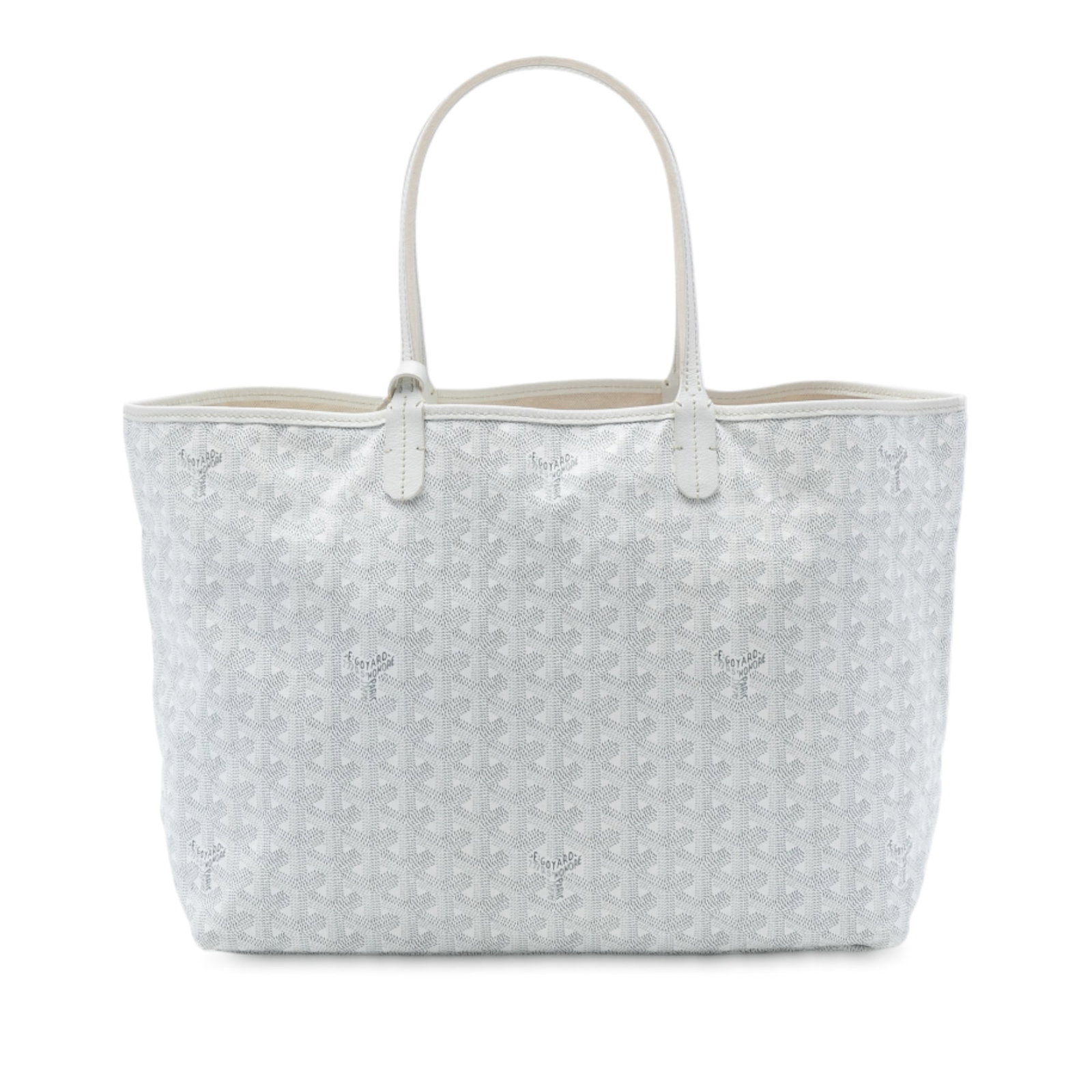 Goyard Saint Louis PM White Tote with Pouch: Goyard Saint Louis PM White Tote with Pouch This Goyardine Saint Louis PM tote features a coated canvas body with leather trim, flat leather straps, an open top, and includes a matching pouch. The bag