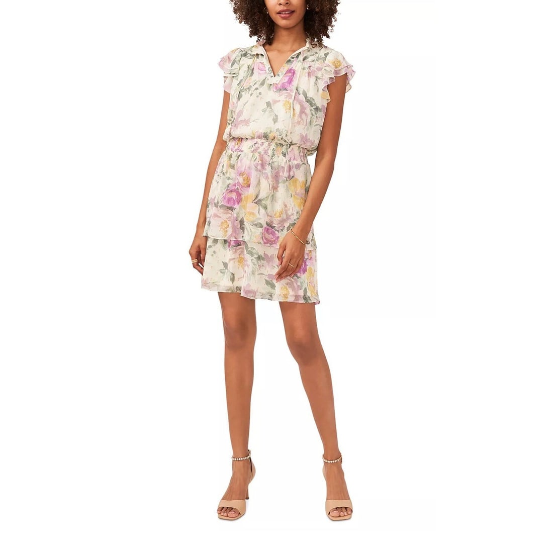 MSK Petite Flutter Sleeve Mini Dress Floral Ivory Lilac: MSK Petite Flutter Sleeve Mini Dress Floral Ivory Lilac Elevate your wardrobe with this enchanting MSK Petite Flutter-Sleeve Smock-Waist Mini Dress in Ivory Lilac. Featuring a whimsical floral pattern
