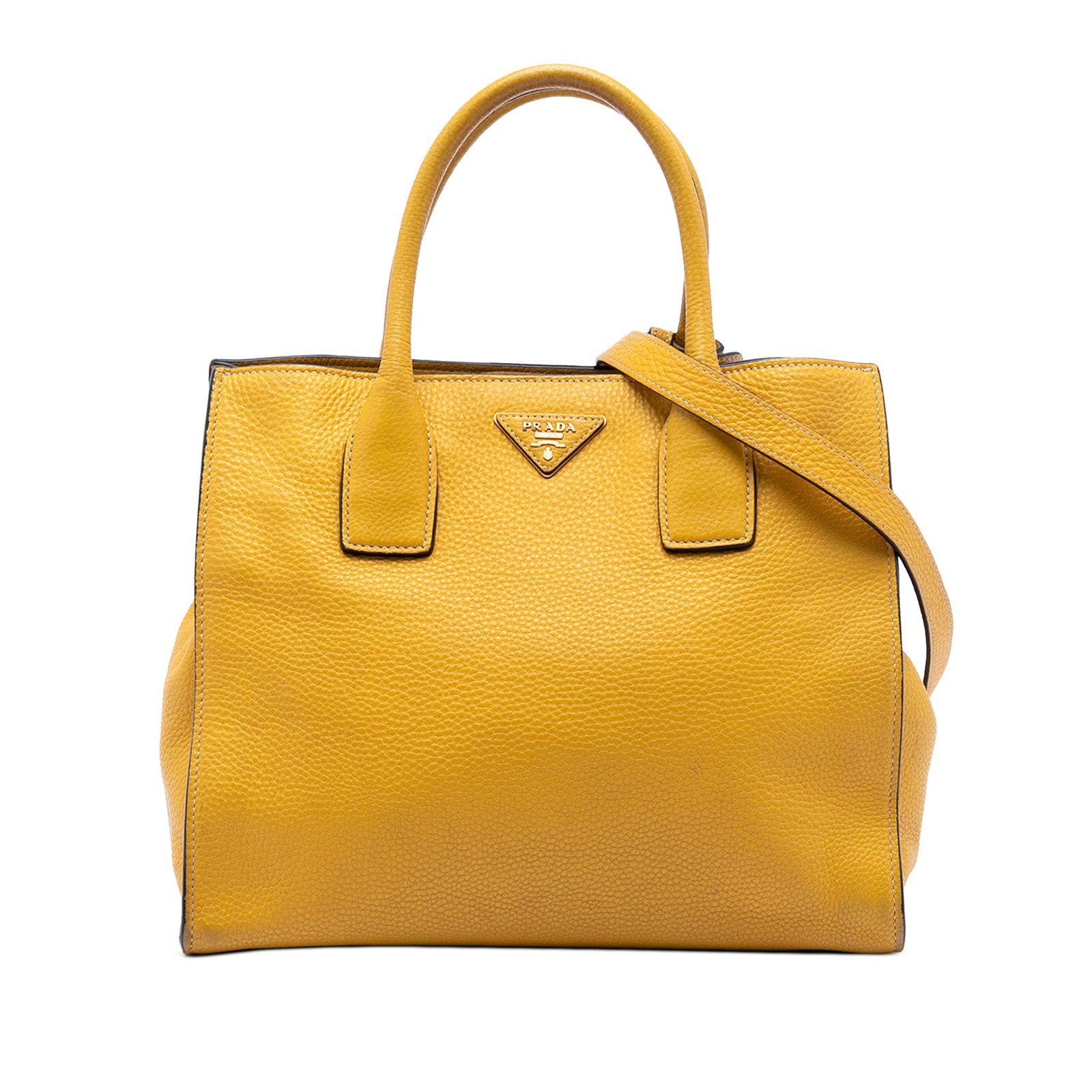 Prada Vitello Daino Yellow Leather Convertible Satchel with Strap: Prada Vitello Daino Yellow Leather Convertible Satchel with Strap This Prada Vitello Daino Open Convertible Tote showcases a yellow leather body with rolled leather handles and a detachable flat leath