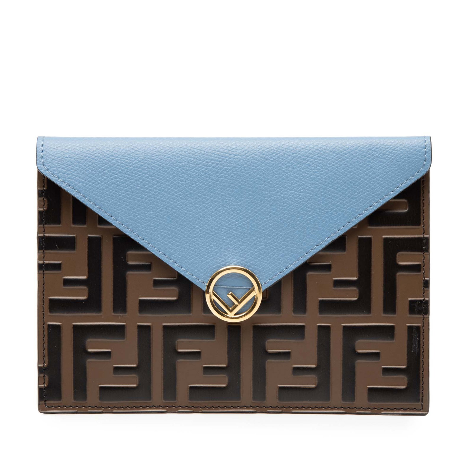 Fendi Brown Embossed Leather Envelope Clutch with Snap Closure: Fendi Brown Embossed Leather Envelope Clutch with Snap Closure This Fendi clutch features a brown embossed leather body with the signature Zucca pattern and a front flap snap closure. Made in Italy, i