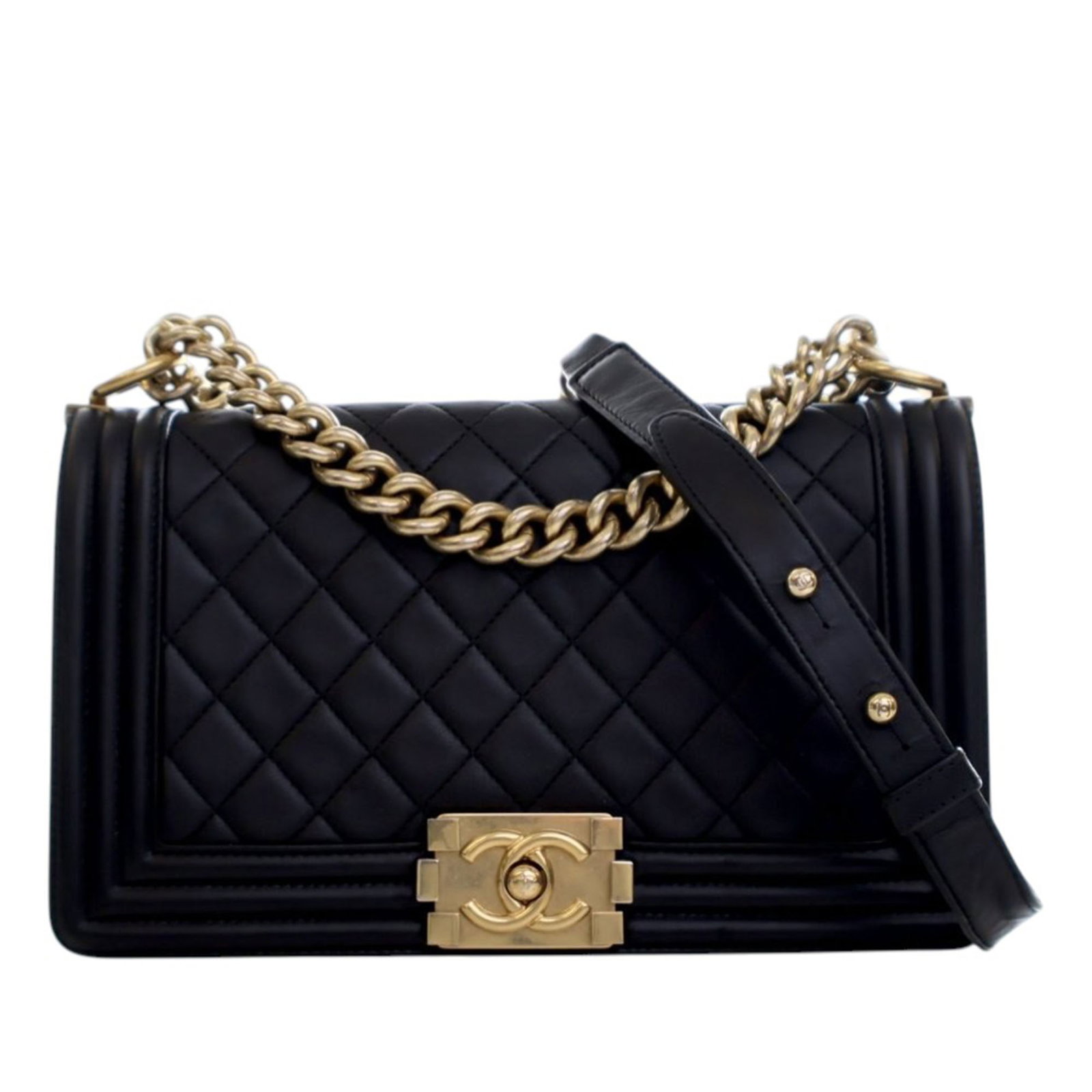 Chanel Boy Flap Black Quilted Lambskin Shoulder Bag Old Medium: Chanel Boy Flap Black Quilted Lambskin Shoulder Bag Old Medium This Chanel Old Medium Boy Flap bag is crafted from quilted black lambskin leather and features a curb chain strap with a leather guard, 