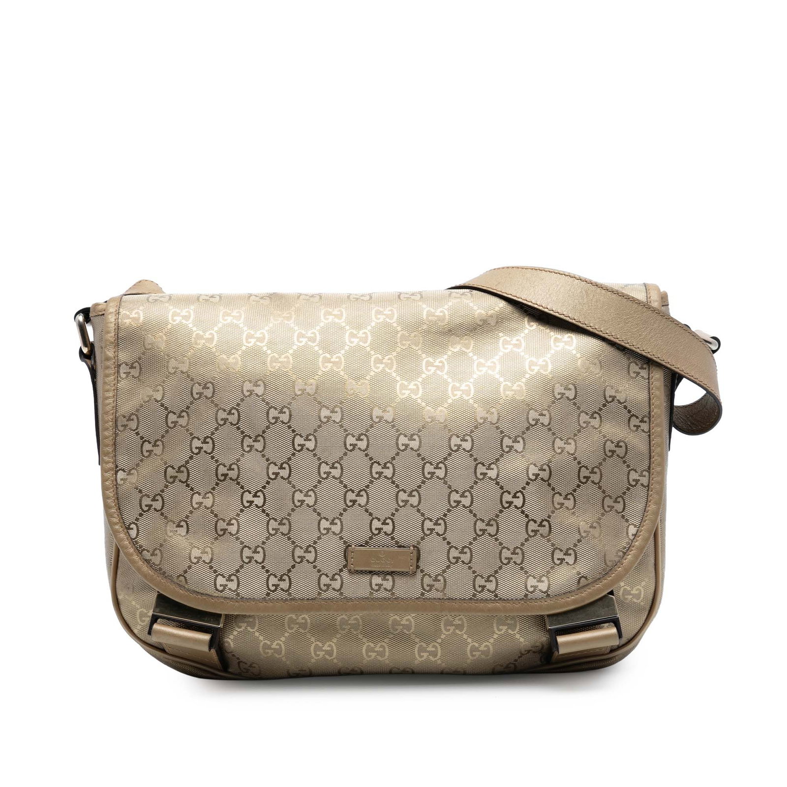Gucci GG Imprime Gold Coated Canvas Crossbody Bag with Leather Trim: Gucci GG Imprime Gold Coated Canvas Crossbody Bag with Leather Trim This Gucci GG Imprime Crossbody bag features a coated canvas body with leather trim and an adjustable flat nylon strap. The design i