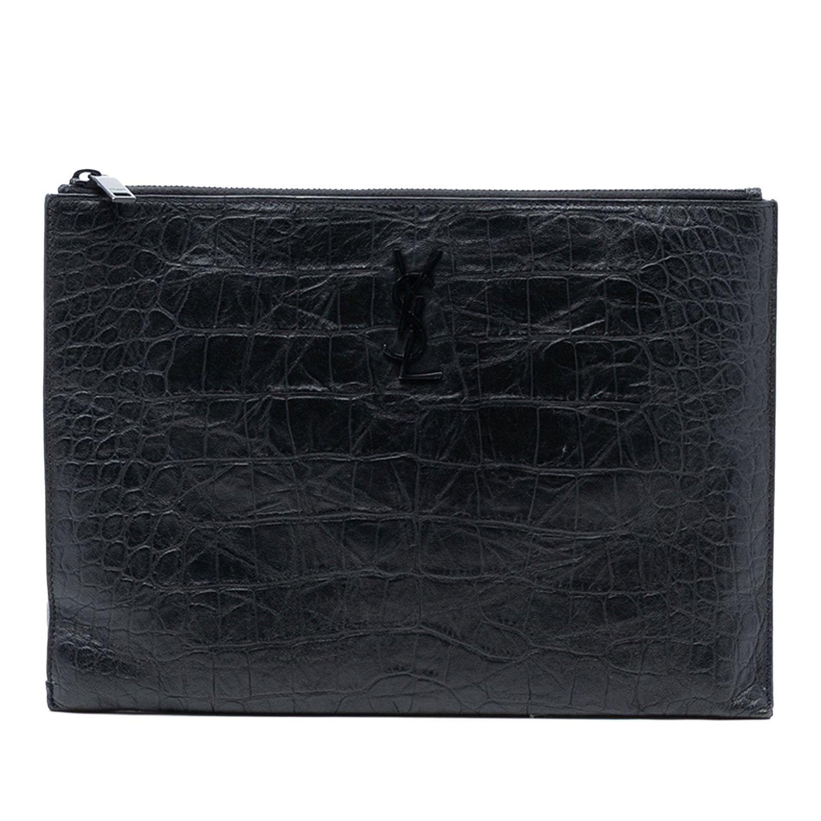 Black Croc Embossed Leather Clutch with Monogram by Saint Laurent: Black Croc Embossed Leather Clutch with Monogram by Saint Laurent This Saint Laurent clutch bag is crafted from croc-embossed leather in black and features a top zip closure with interior slip pockets