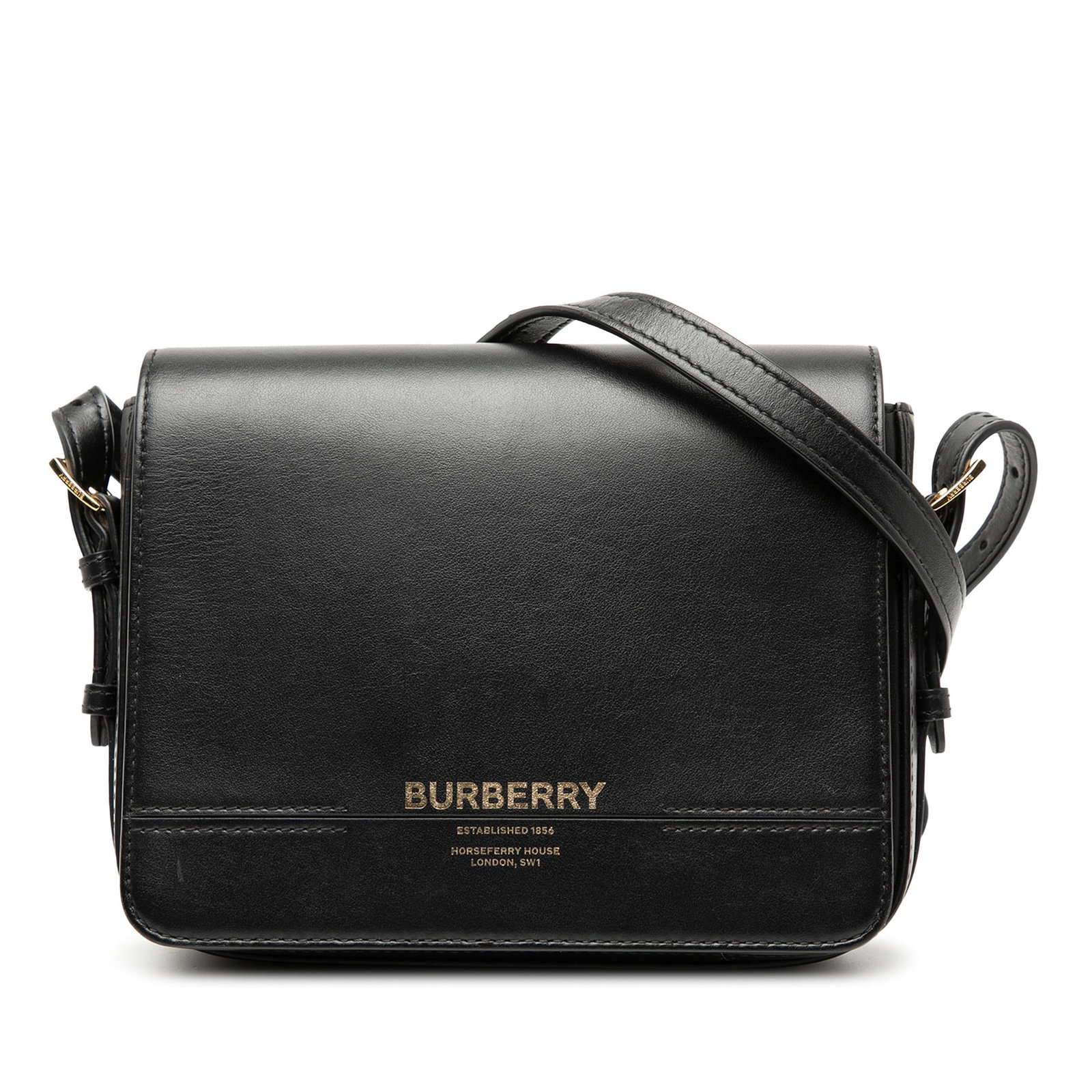 Burberry Grace Black Leather Small Crossbody Bag with Adjustable Strap: Burberry Grace Black Leather Small Crossbody Bag with Adjustable Strap The Burberry Small Leather Grace Crossbody features a black leather body with a flap secured by a magnetic closure. It comes with