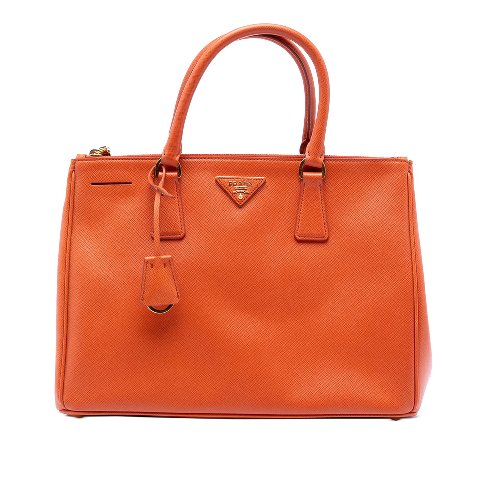 Medium Galleria Saffiano Leather Satchel with Double Zip by Prada: Medium Galleria Saffiano Leather Satchel with Double Zip by Prada This Prada Medium Saffiano Lux Galleria Double Zip Satchel is crafted in orange saffiano leather and features rolled leather handles, 