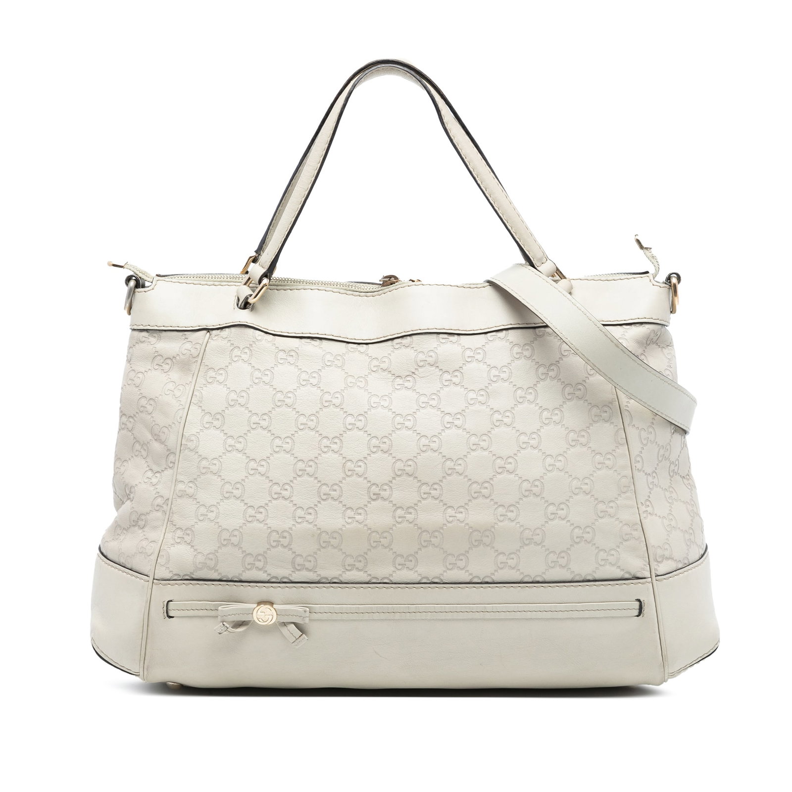 Gucci Mayfair White Leather Satchel with Detachable Strap: Gucci Mayfair White Leather Satchel with Detachable Strap The Mayfair satchel features a white leather body with flat leather handles and a detachable flat leather strap. It offers a top zip closure a