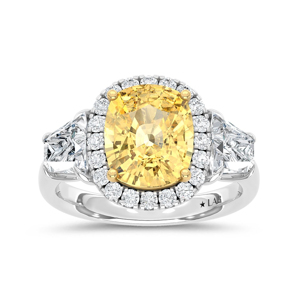 14K Two Tone Gold Lab Grown Diamond 6 Ct.Tw. Yellow Cushion Engagement Ring (Center 4ct): 14K Two Tone Gold Lab Grown Diamond 6 Ct.Tw. Yellow Cushion Engagement Ring (Center 4ct) Exude grandeur with this 14K Two-Tone Gold Engagement Ring, featuring a stunning 4-carat lab-grown yellow diamo