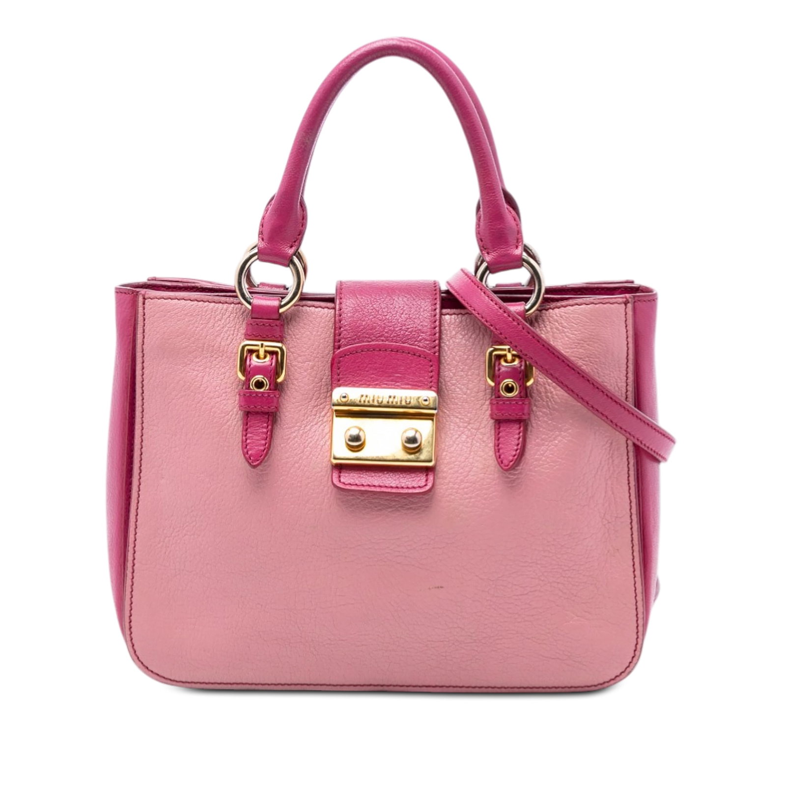 Madras Satchel Pink Bicolor Goatskin Shoulder Bag by Miu Miu: Madras Satchel Pink Bicolor Goatskin Shoulder Bag by Miu Miu This Miu Miu Bicolor Goatskin Madras Satchel features a goatskin leather body with rolled handles and a detachable flat strap. It includes 
