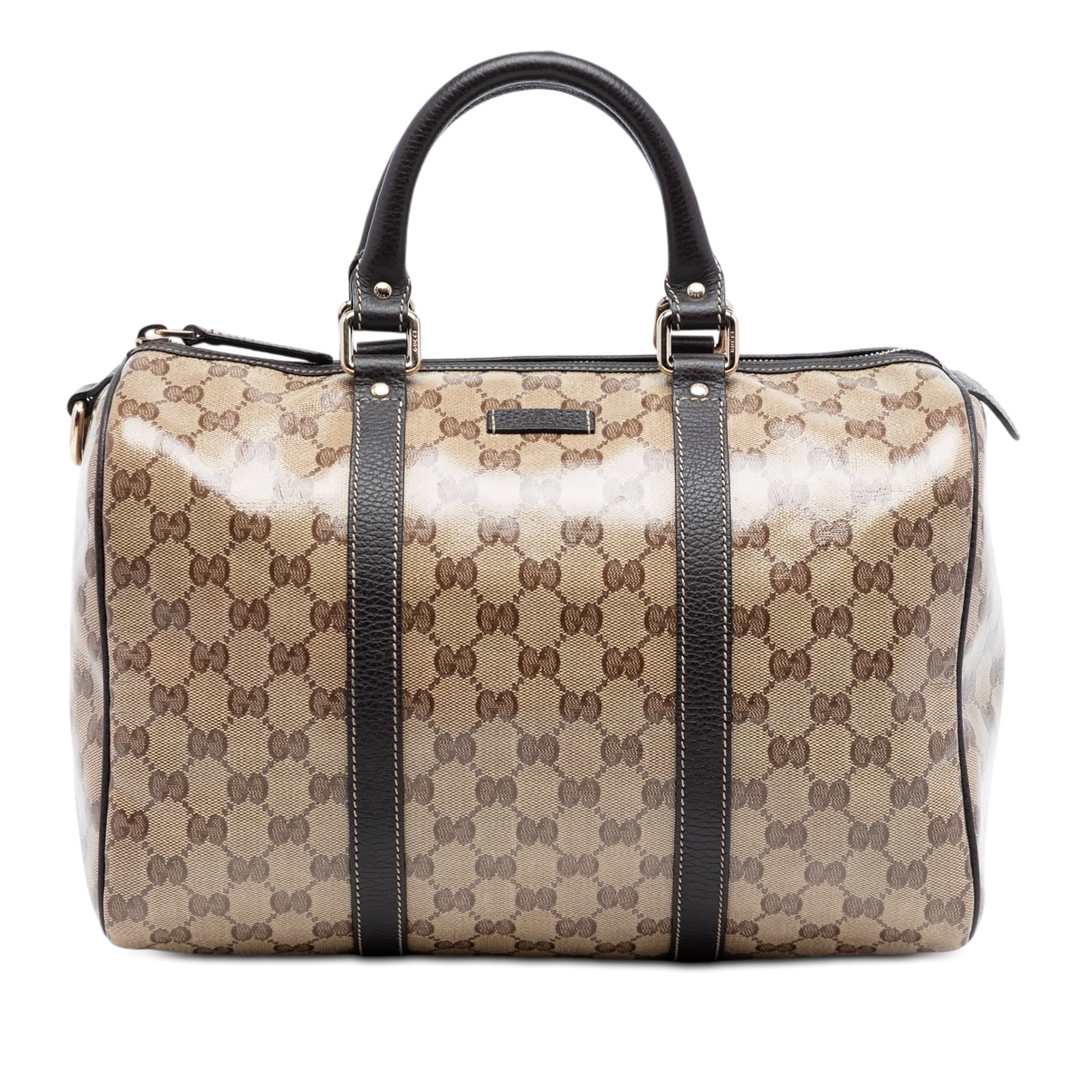 Gucci Joy Boston Medium Beige Coated Canvas Bag with Leather Trim: Gucci Joy Boston Medium Beige Coated Canvas Bag with Leather Trim This Gucci Medium GG Crystal Joy Boston Bag features a coated canvas exterior with leather trim, rolled leather handles, and a top zip