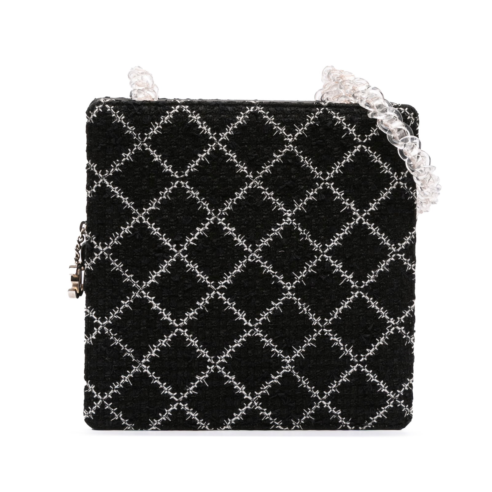 Chanel Black Tweed and Resin Chain Shopping Bag: Chanel Black Tweed and Resin Chain Shopping Bag Introducing the Chanel Tweed and Resin Zipped Chain Shopping Bag, a stylish and functional accessory perfect for your daily needs. This shoulder bag fea
