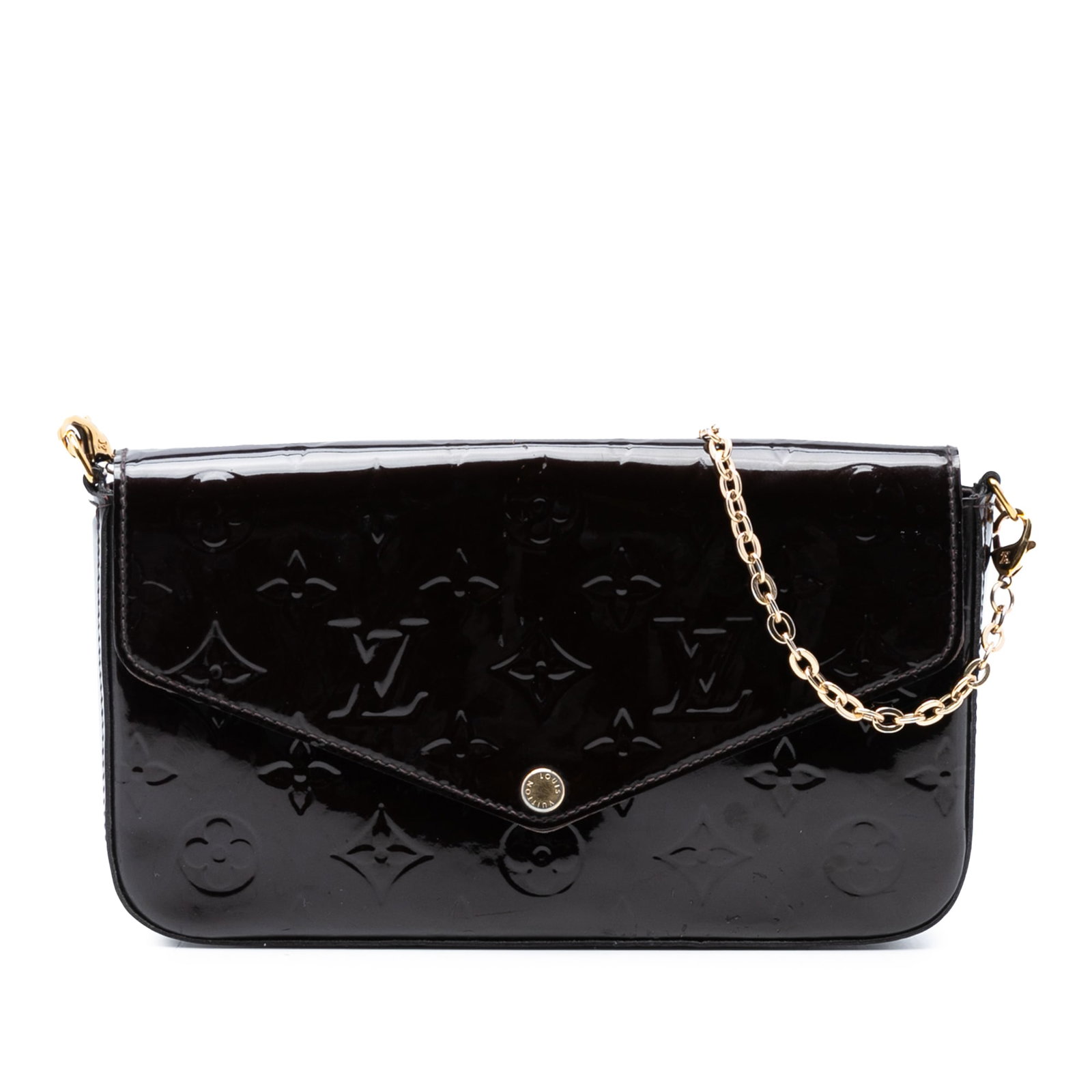 Louis Vuitton Vernis Leather Felicie Clutch with Chain in Purple: Louis Vuitton Vernis Leather Felicie Clutch with Chain in Purple This Louis Vuitton Monogram Vernis Pochette Felicie features a vernis leather body in purple with a detachable gold-tone chain strap. T