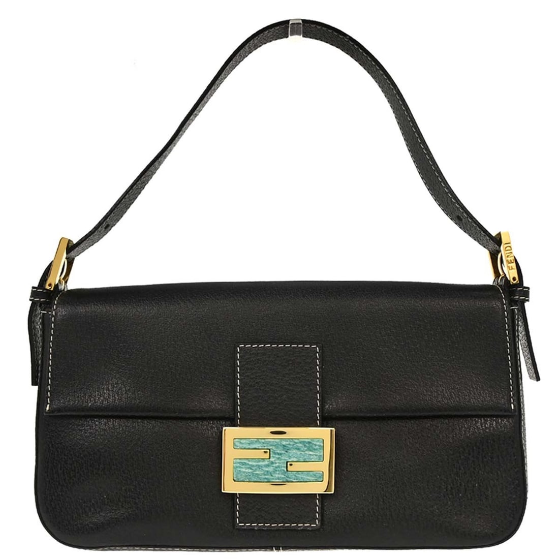 Fendi Baguette Medium Black Leather Top Handle Shoulder Bag with Logo Accent: Fendi Baguette Medium Black Leather Top Handle Shoulder Bag with Logo Accent This Fendi Baguette handbag features black leather construction with a flap magnetic closure and gold-toned hardware. Desig