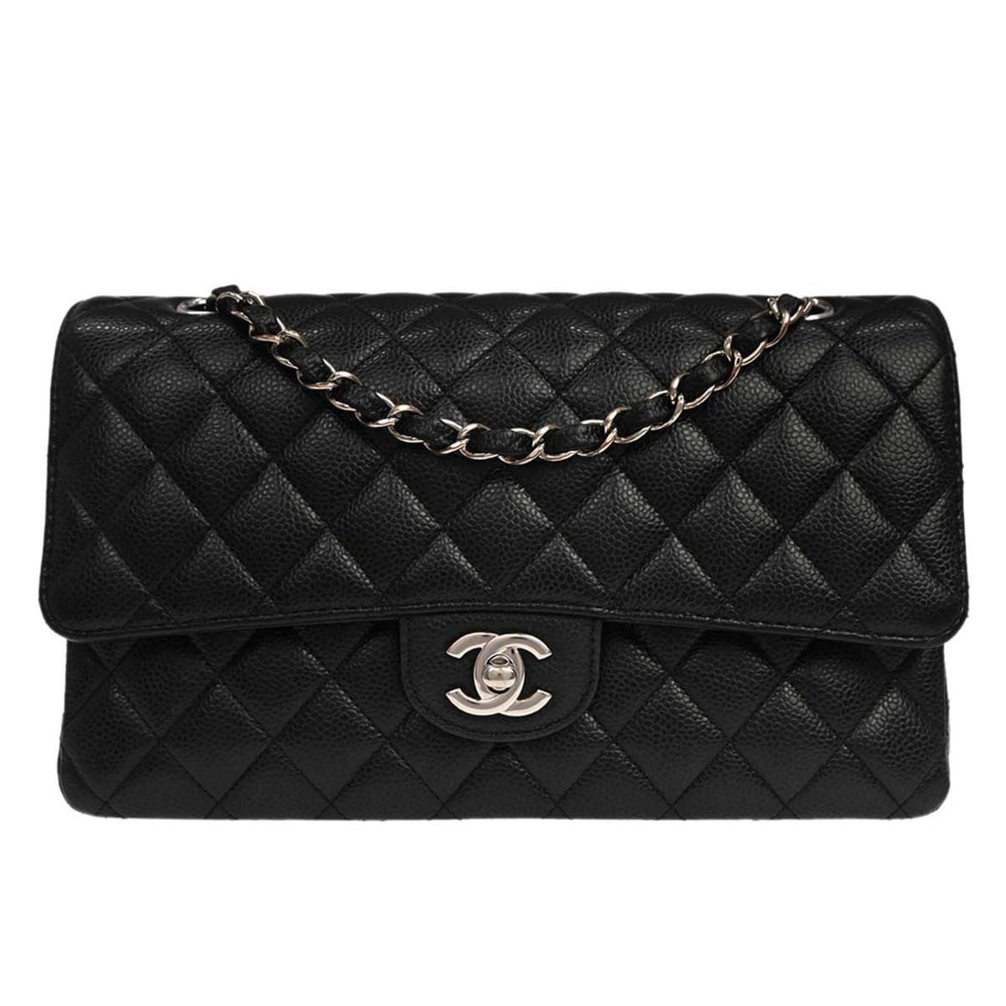 CHANEL Classic Flap Black Calfskin Medium Shoulder Bag: CHANEL Classic Flap Black Calfskin Medium Shoulder Bag This Chanel Medium Classic Double Flap Shoulder Bag features a black calfskin leather exterior with a turn lock closure. Designed with a shoulder