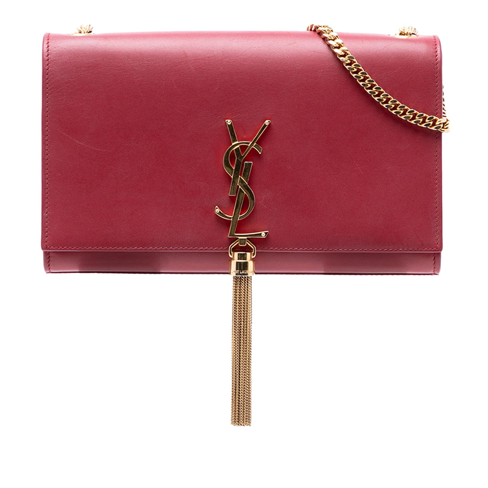Saint Laurent Kate Medium Red Leather Crossbody with Tassel and Gold Chain: Saint Laurent Kate Medium Red Leather Crossbody with Tassel and Gold Chain This Saint Laurent Medium Smooth Calfskin Classic Monogram Kate Tassel Crossbody features a red leather body with a decorativ