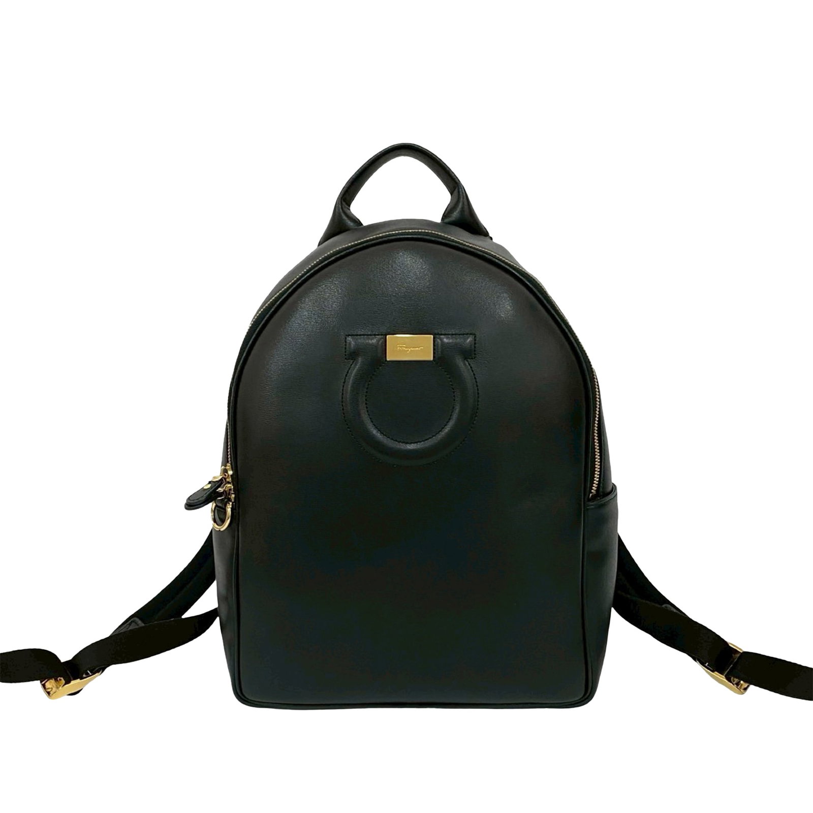 Salvatore Ferragamo Gancini City Leather Zip Backpack Black: Salvatore Ferragamo Gancini City Leather Zip Backpack Black This Ferragamo Gancini City Zip Backpack is crafted from black leather and features a flat leather top handle, adjustable flat back straps, 