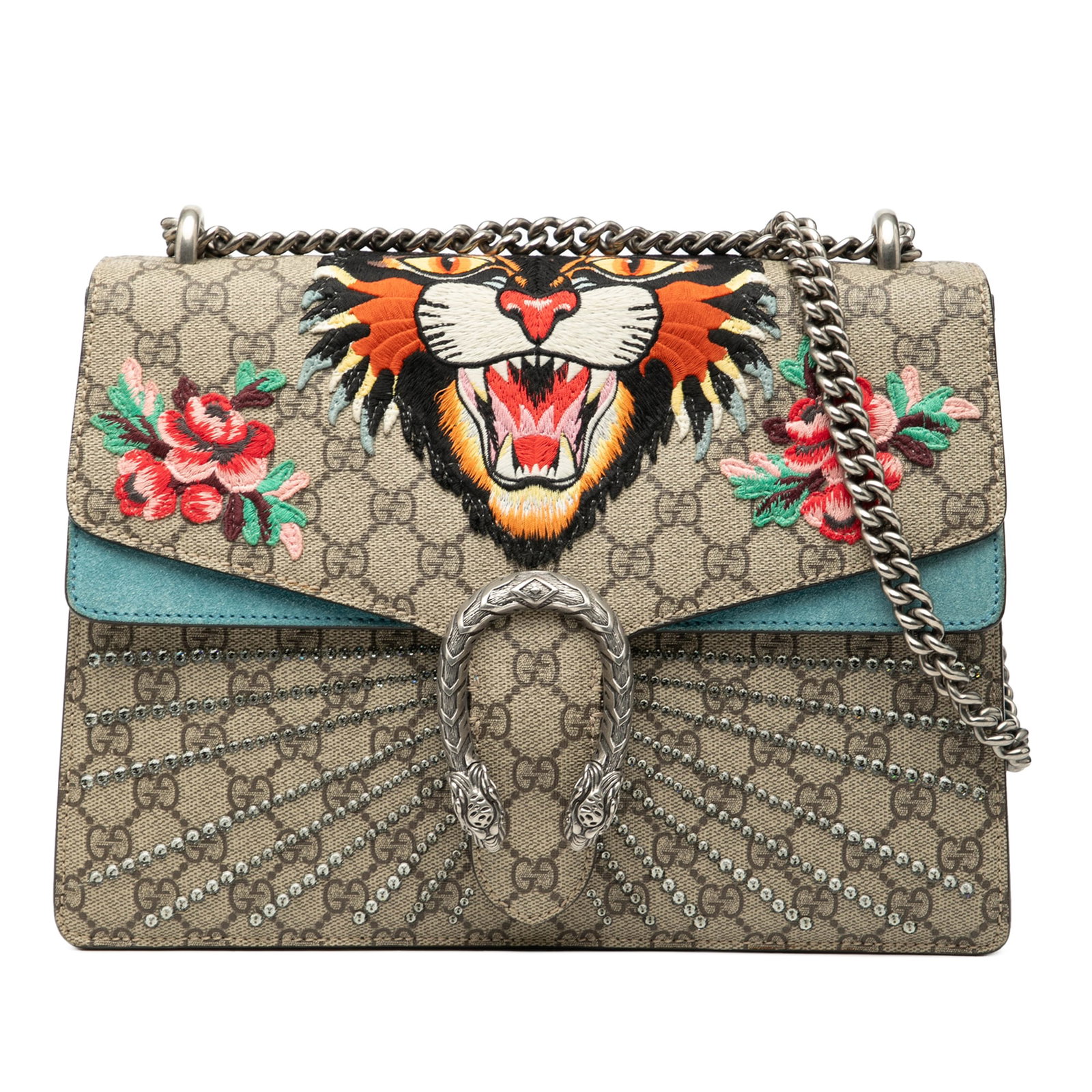 Gucci Dionysus Medium GG Supreme Shoulder Bag with Angry Cat Embroidery: Gucci Dionysus Medium GG Supreme Shoulder Bag with Angry Cat Embroidery This Gucci Medium GG Supreme Embroidered Angry Cat Dionysus Shoulder Bag features a coated canvas body with suede trim, a slidin