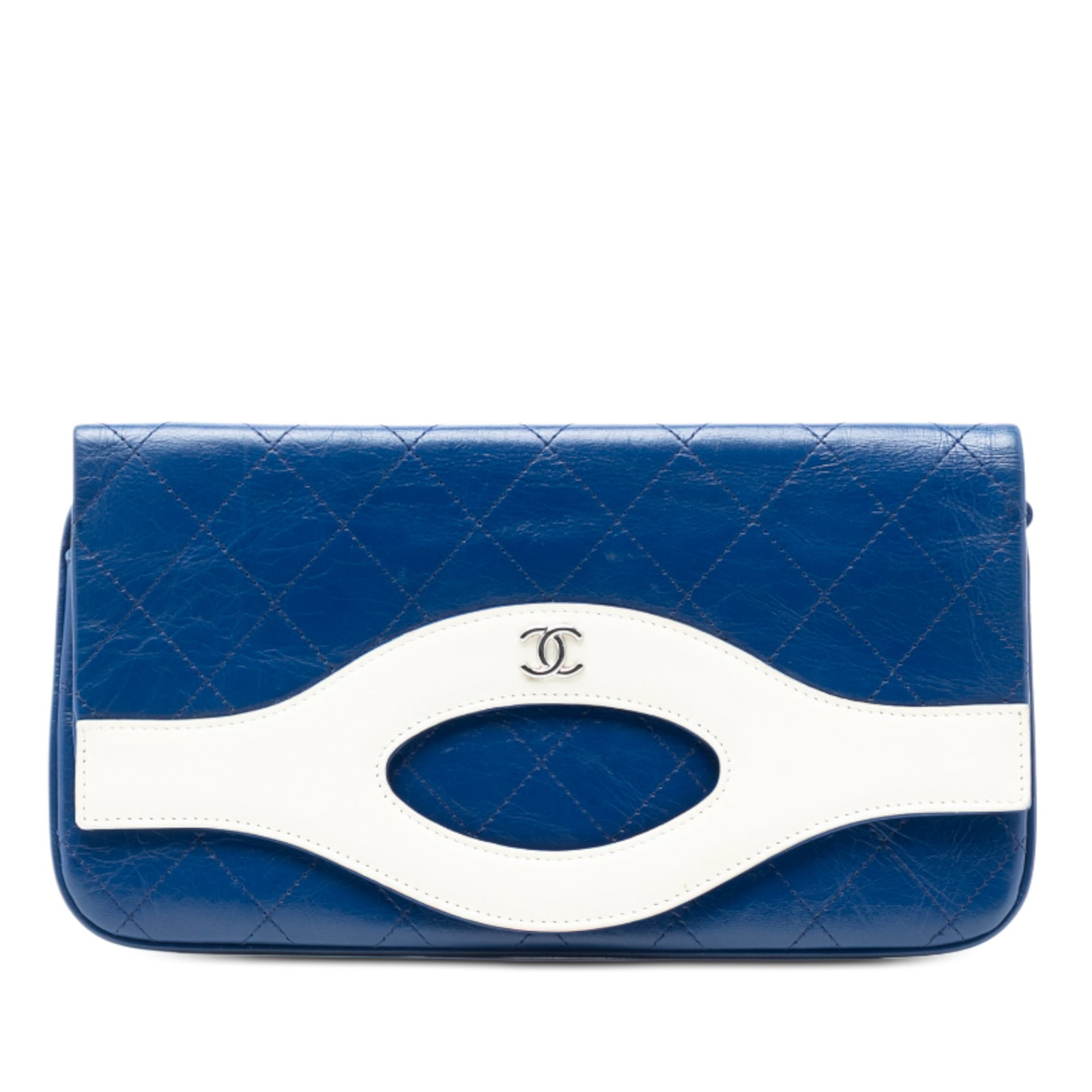 Small Blue Leather Chanel 31 Bicolor Quilted Clutch Bag: Small Blue Leather Chanel 31 Bicolor Quilted Clutch Bag This Chanel Small Bicolor Aged Calfskin 31 Clutch features a quilted leather body with a front flap and a top zip closure concealed beneath the 