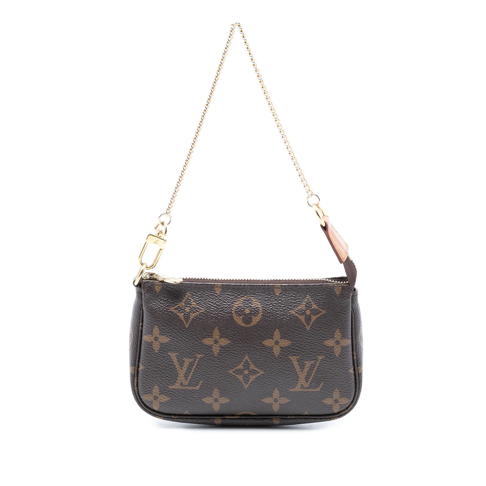 Louis Vuitton Brown Monogram Canvas Mini Pochette Accessoires Bag: Louis Vuitton Brown Monogram Canvas Mini Pochette Accessoires Bag This Louis Vuitton Mini Pochette Accessoires features the signature monogram canvas with a chain link handle and a top zip closure. Th