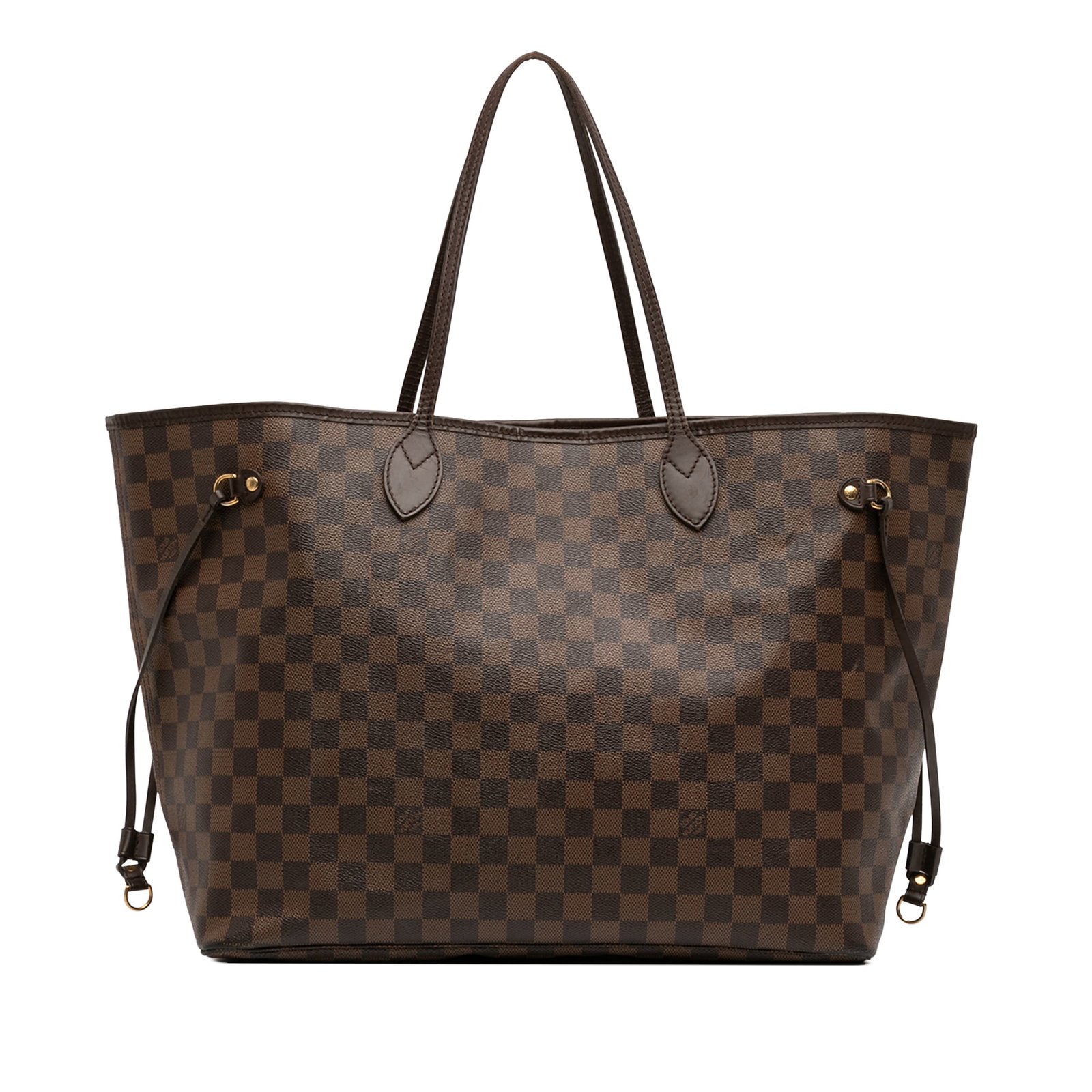 Louis Vuitton Neverfull GM Tote in Damier Ebene Canvas with Leather Trim: Louis Vuitton Neverfull GM Tote in Damier Ebene Canvas with Leather Trim This Louis Vuitton Neverfull GM features the iconic Damier Ebene canvas with leather trim, flat leather shoulder straps, an ope
